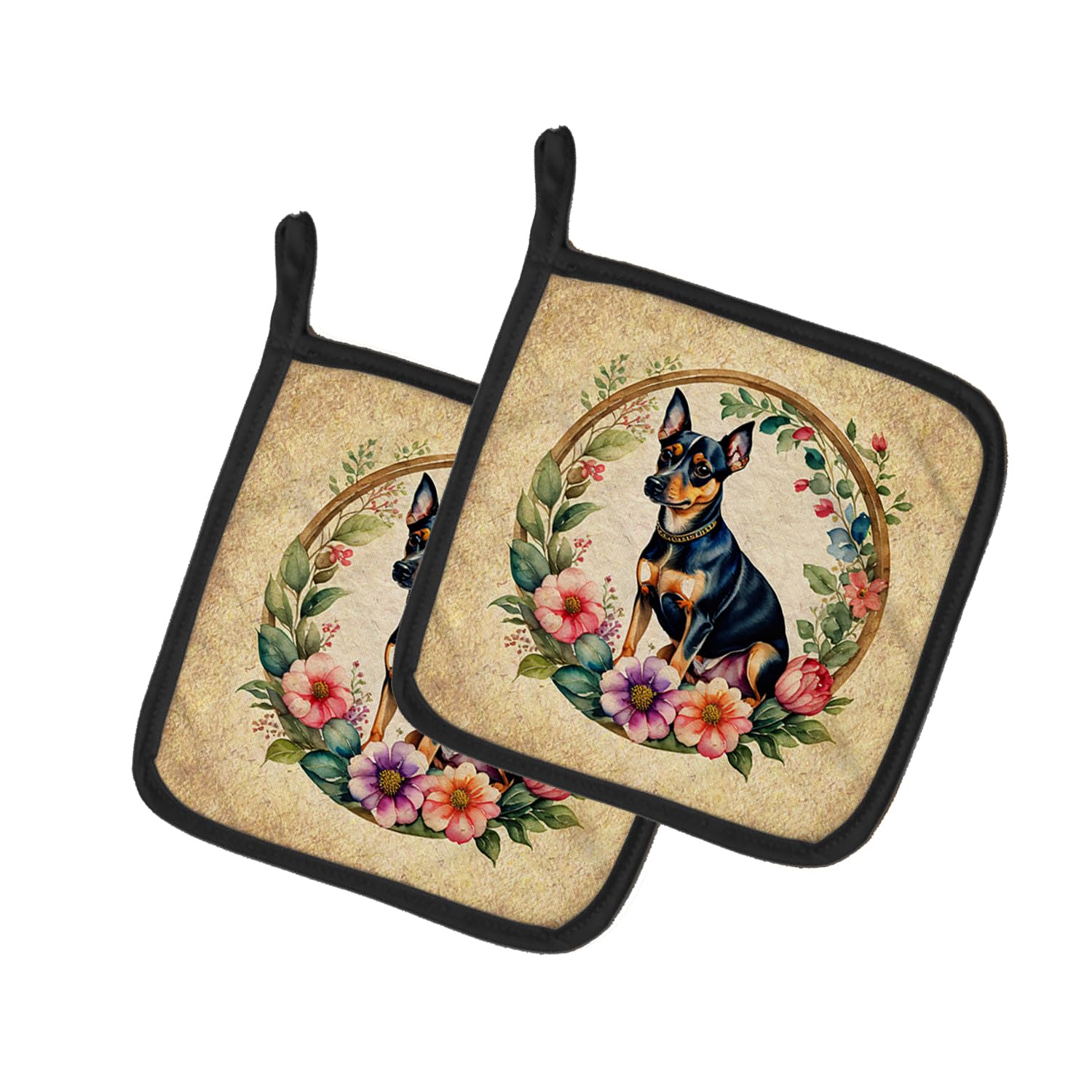 Miniature Pinscher and Flowers Pair of Pot Holders