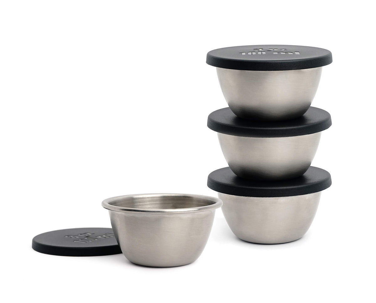 Rsvp International Kitchen Prep Bowl Collection, Stainless Steel, Dishwasher Safe, Cup & Lid, 4 Piece, 3-Ounce