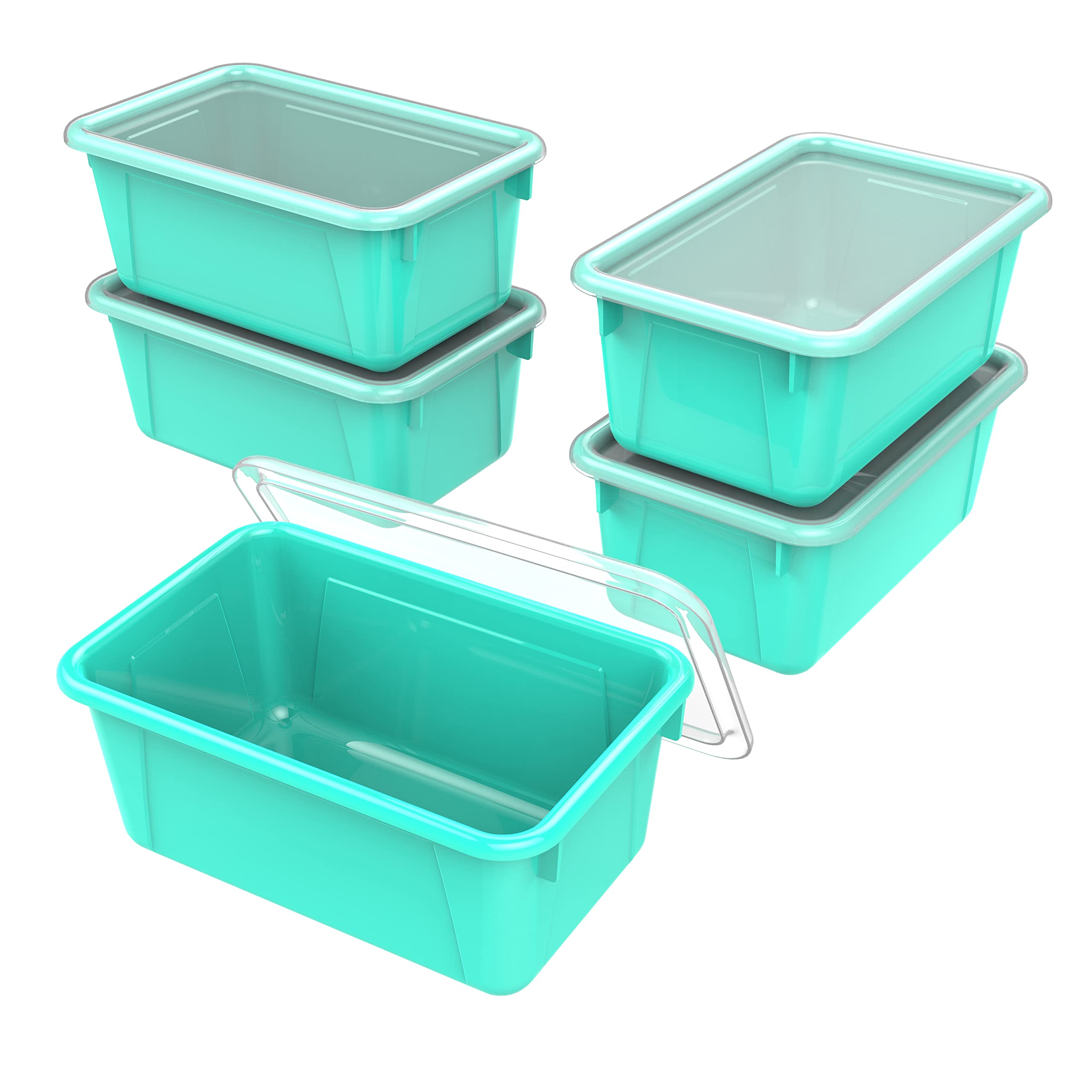 Storex Small Cubby Bins - Plastic Storage Containers For Classroom With Non-Snap Lid, 12.2 X 7.8 X 5.1 Inches, Teal, 5-Pack (624
