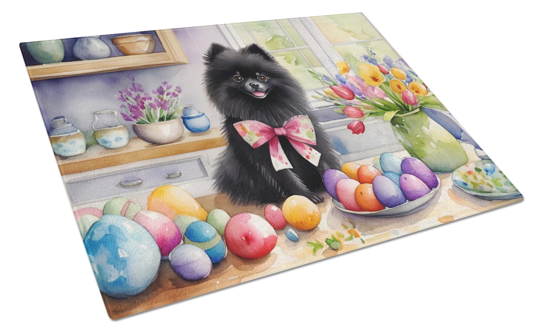 Carolines Treasures DAC6873LCB Decorating Easter Pomeranian Glass Cutting Board Decorative Tempered Glass Kitchen Cutting and Serving Board Large Size Chopping Board