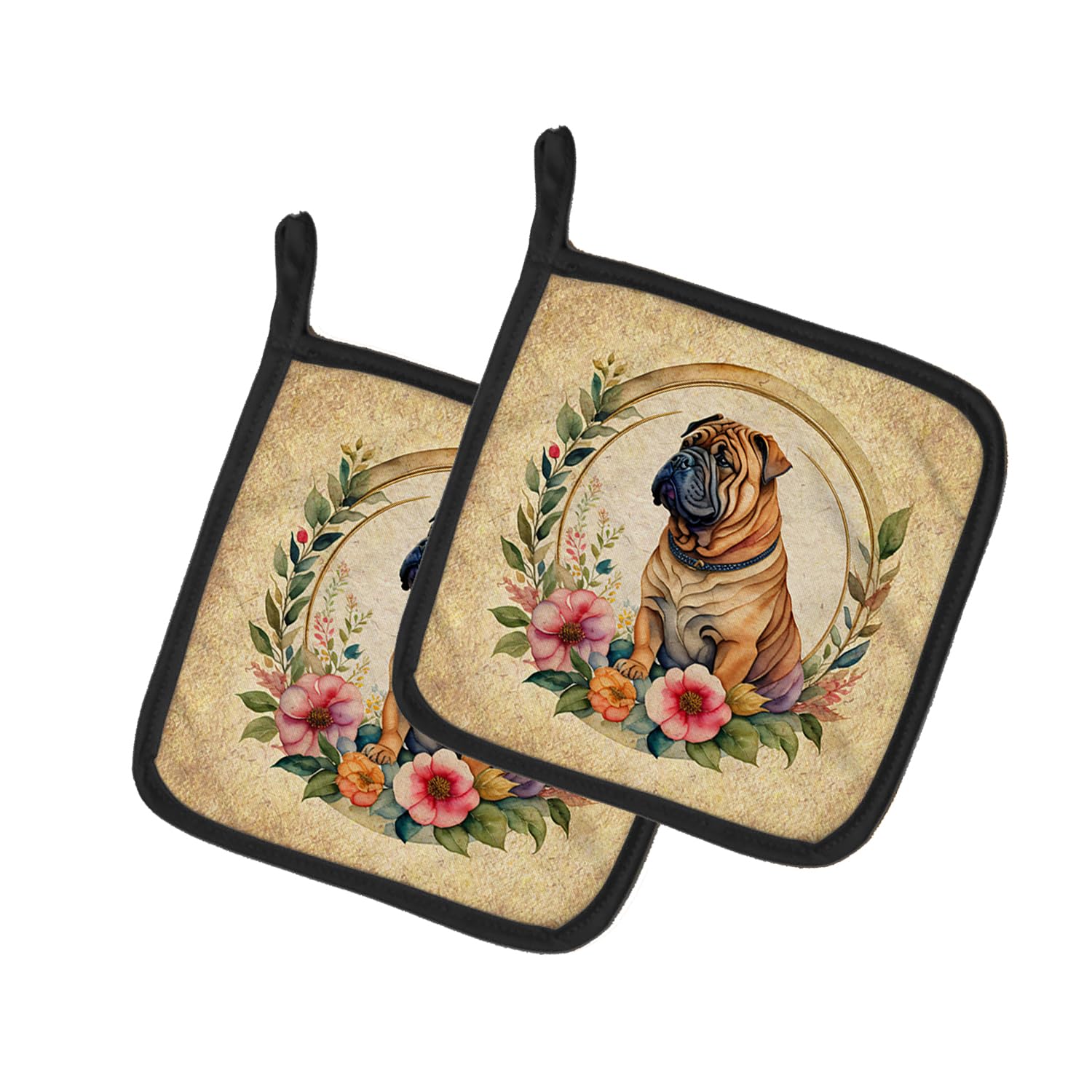 Shar Pei and Flowers Pair of Pot Holders