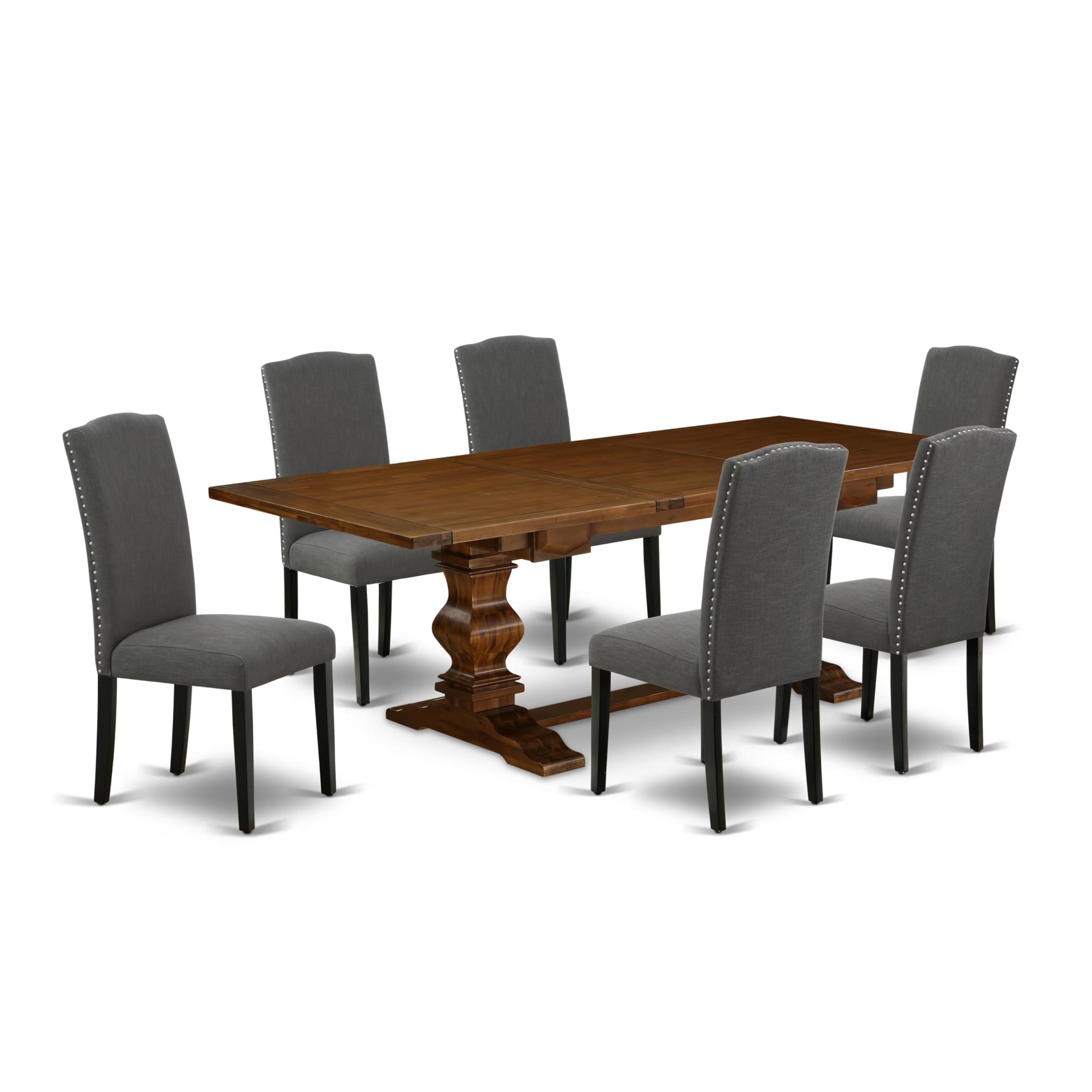 East West Furniture ALAEN7-81-20 dining table set with Black Finish Chairs Legs and Dark Shitake Linen Fabric farmhouse chairs Set of Six