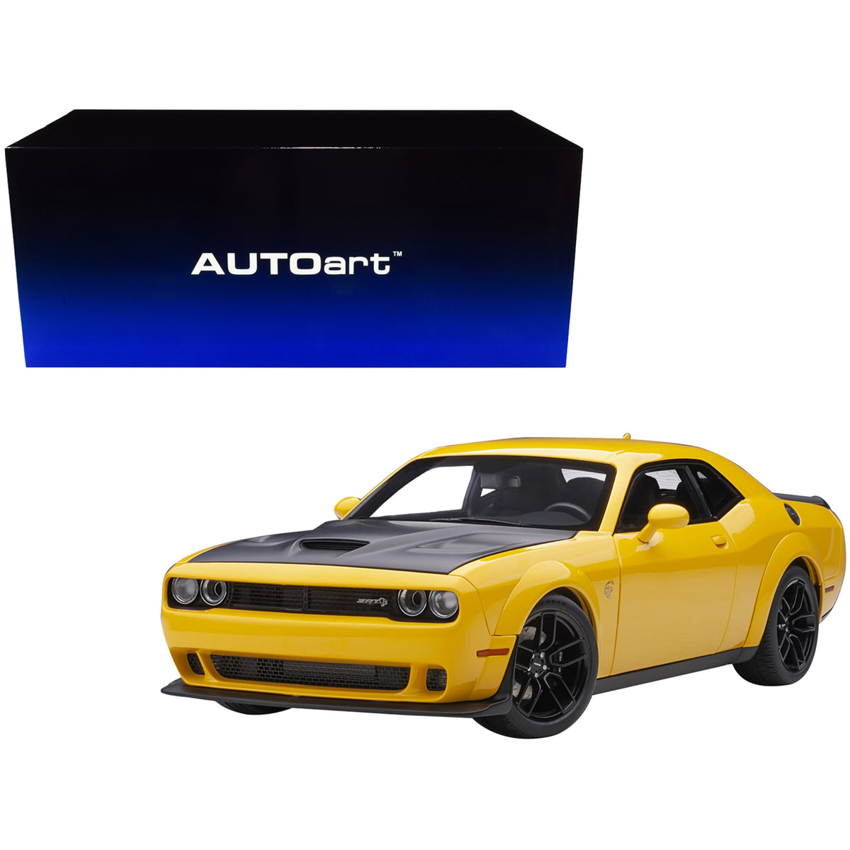 Dodge Challenger Srt Hellcat Widebody Yellow Jacket With Satin Black Hood 1/18 Model Car By Autoart