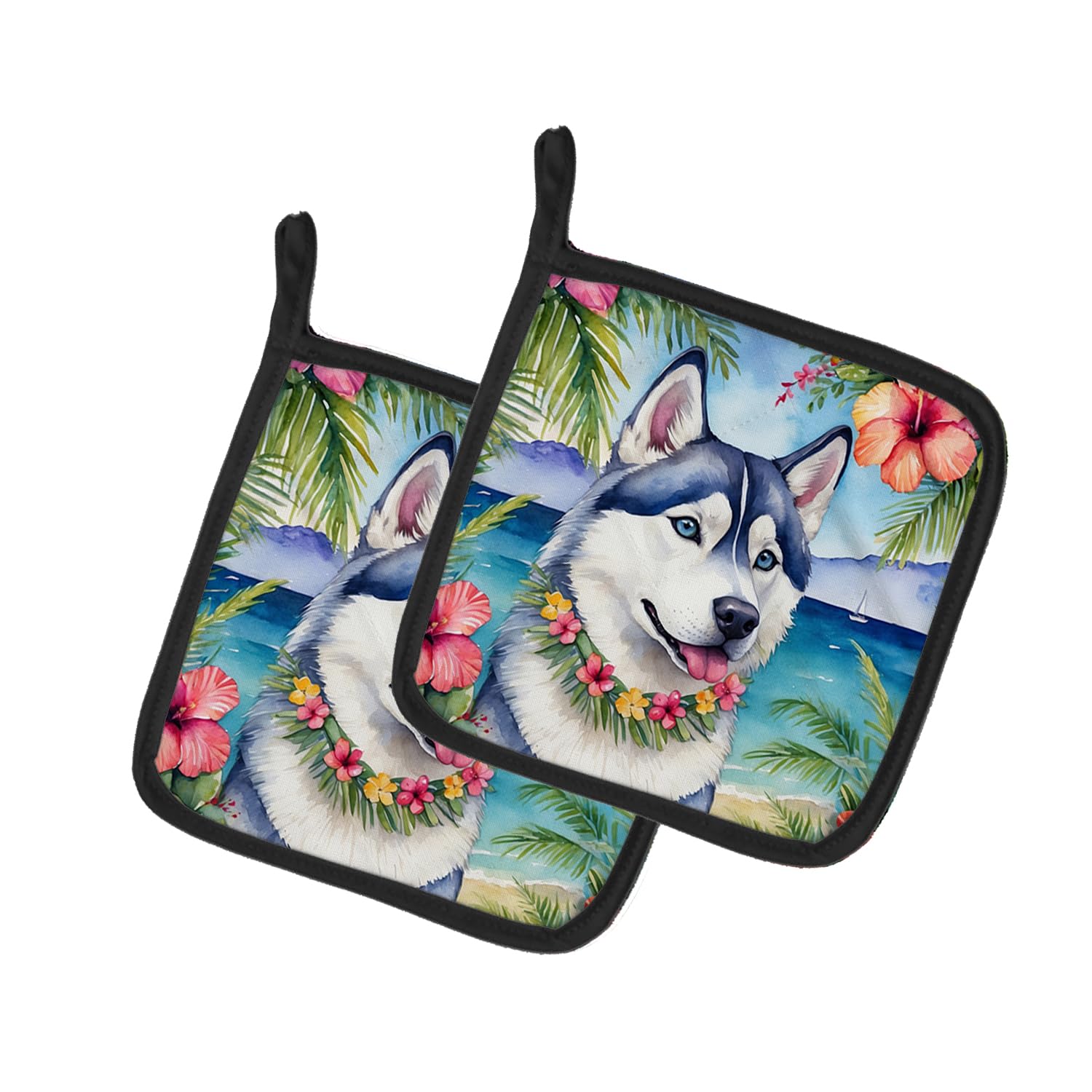 Siberian Husky Luau Pair of Pot Holders