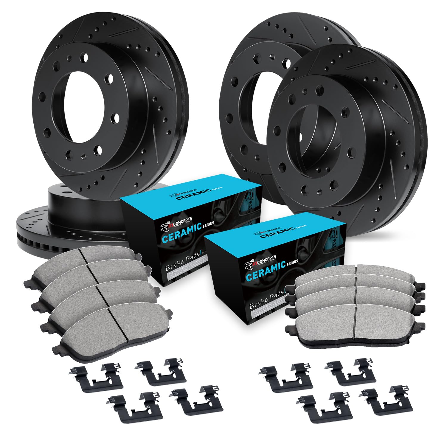 R1 Concepts Drilled and Slotted Black Disc Brake Rotor Set with Ceramic Pads and Hardware WHWH2-54044