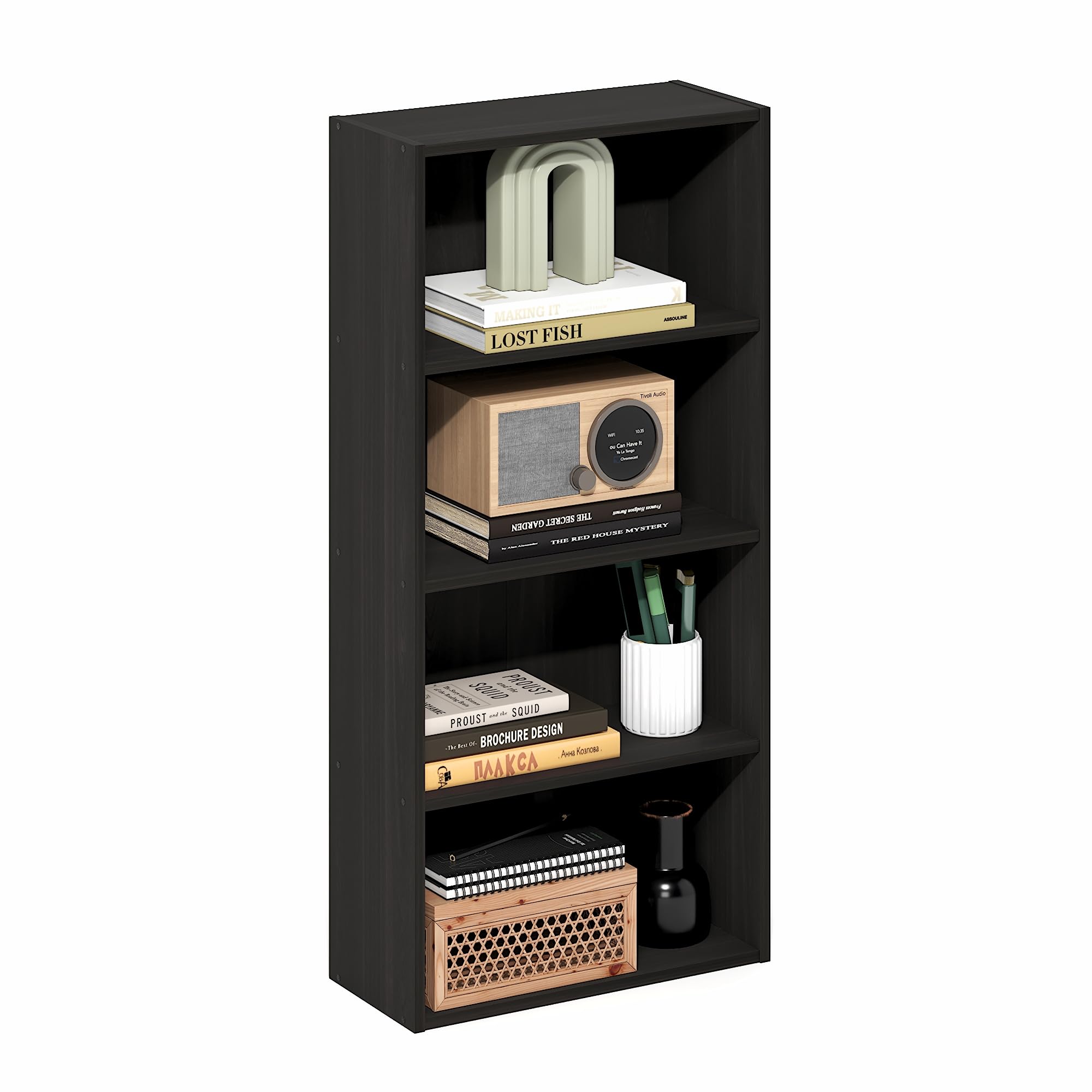 Furinno Basic 4-Tier Open Shelf Bookcase, Bookshelf, Storage Organizer, 7 x 17 x 35, Espresso