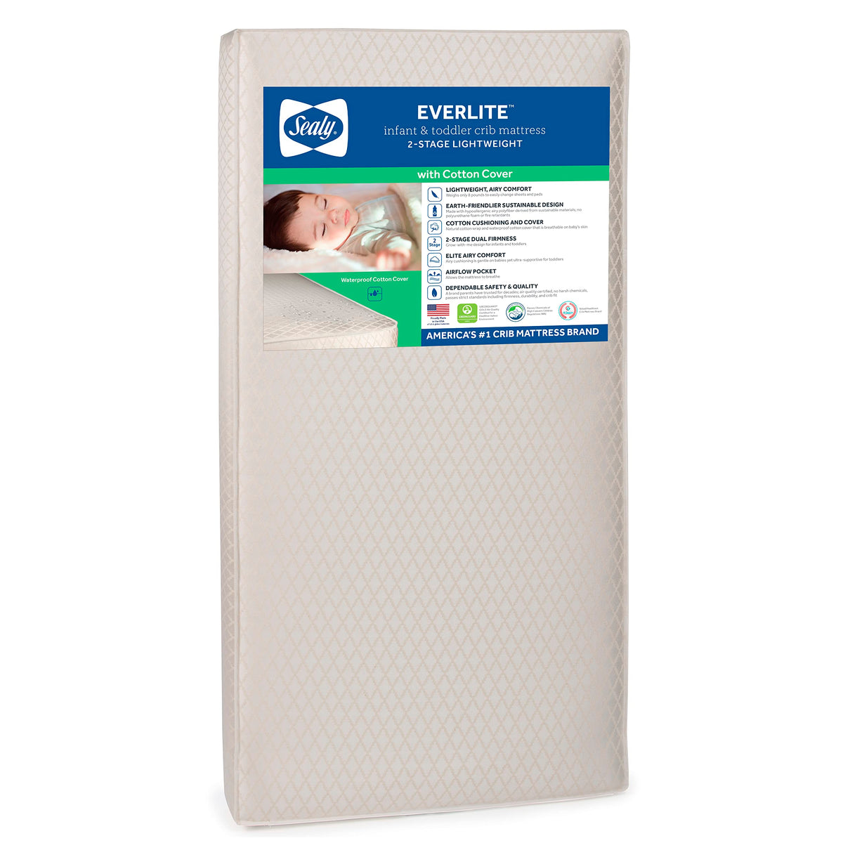 Sealy Everlite 2-Stage Dual Firmness Lightweight Waterproof Baby Crib Mattress And Toddler Bed Mattress, Made In Usa, 52
