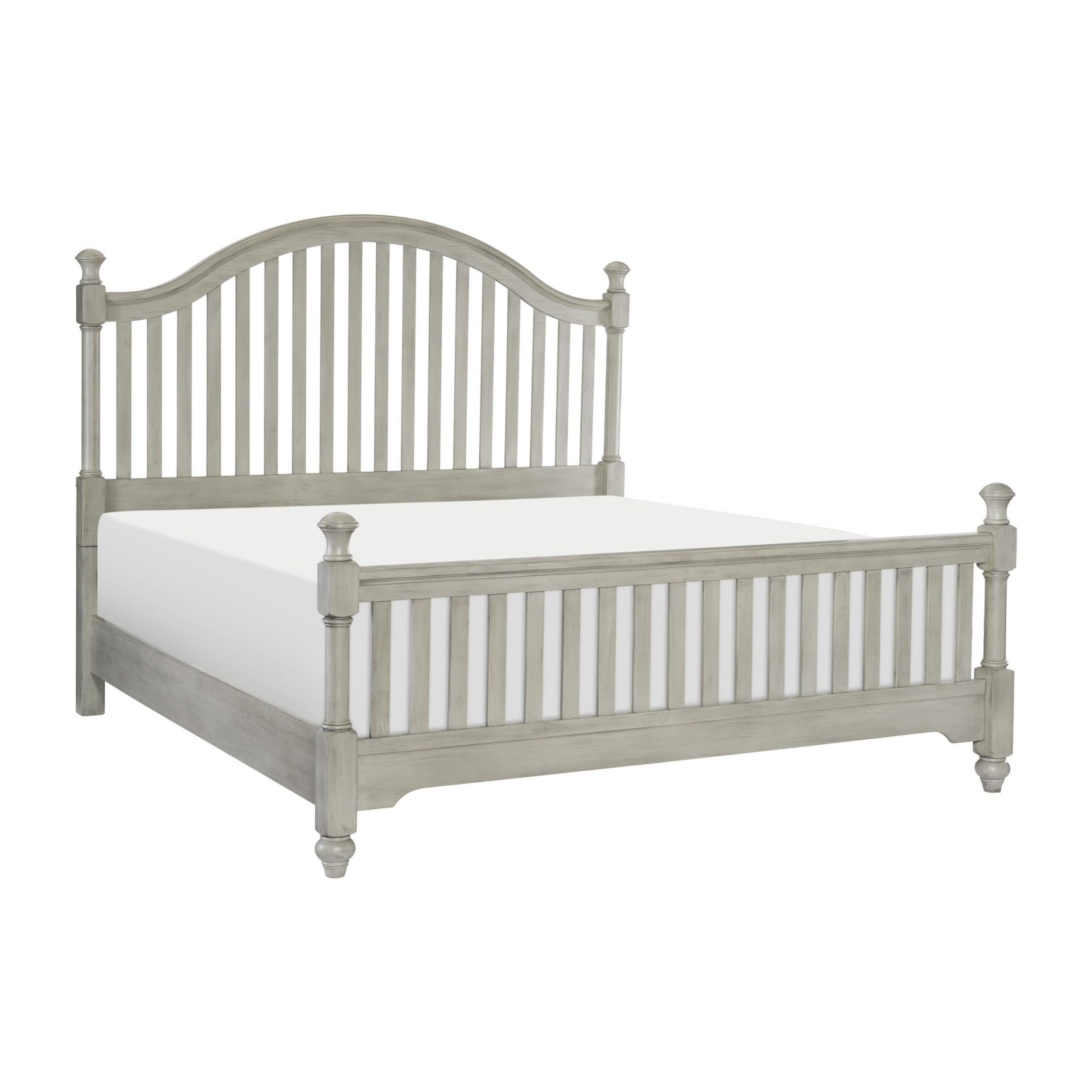 Ugo Queen Bed, Slatted Arched Headboard, Finial Accents, Gray Wood Frame