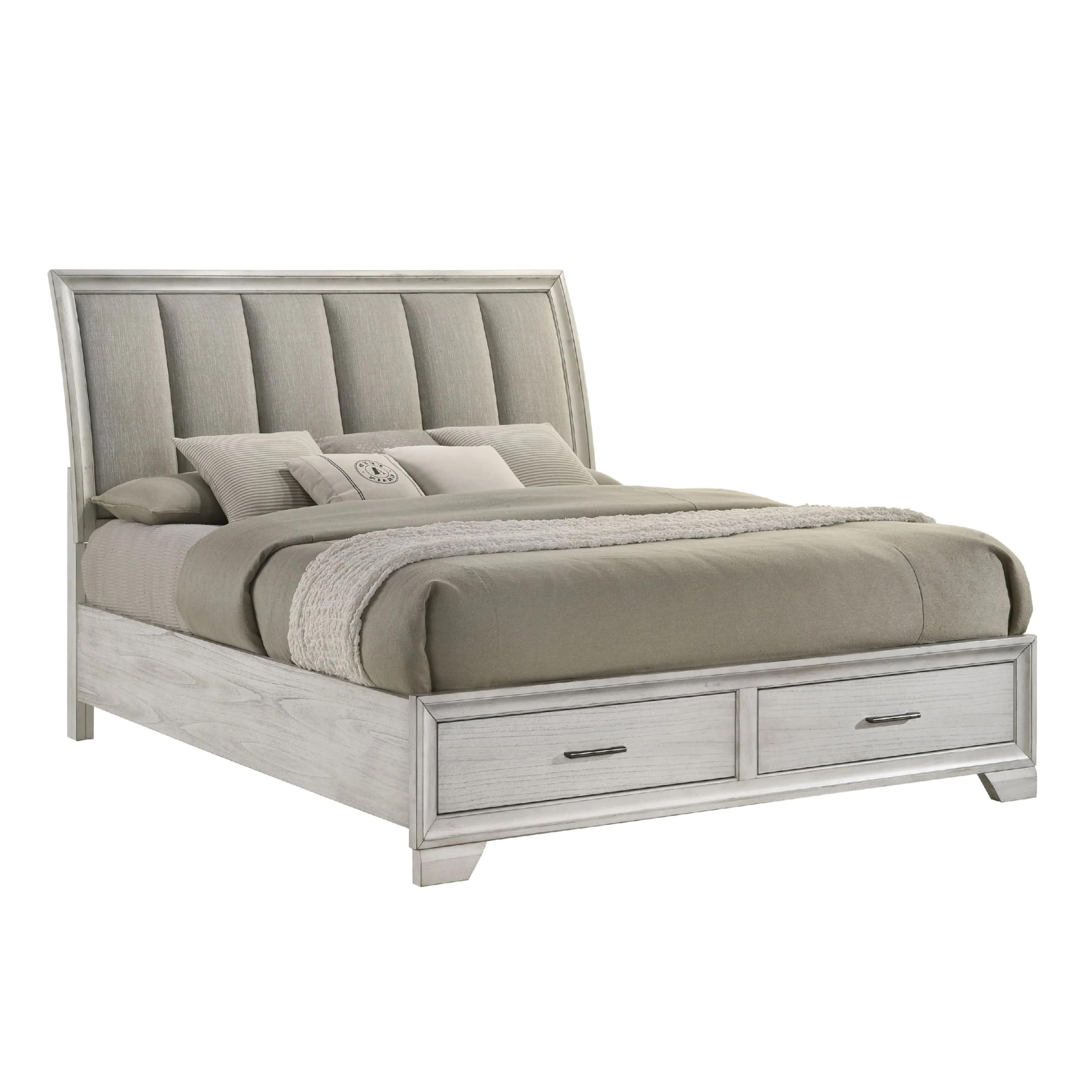 Jeni Queen Size Storage Bed, 2 Drawer Footboard, White Mist Upholstery