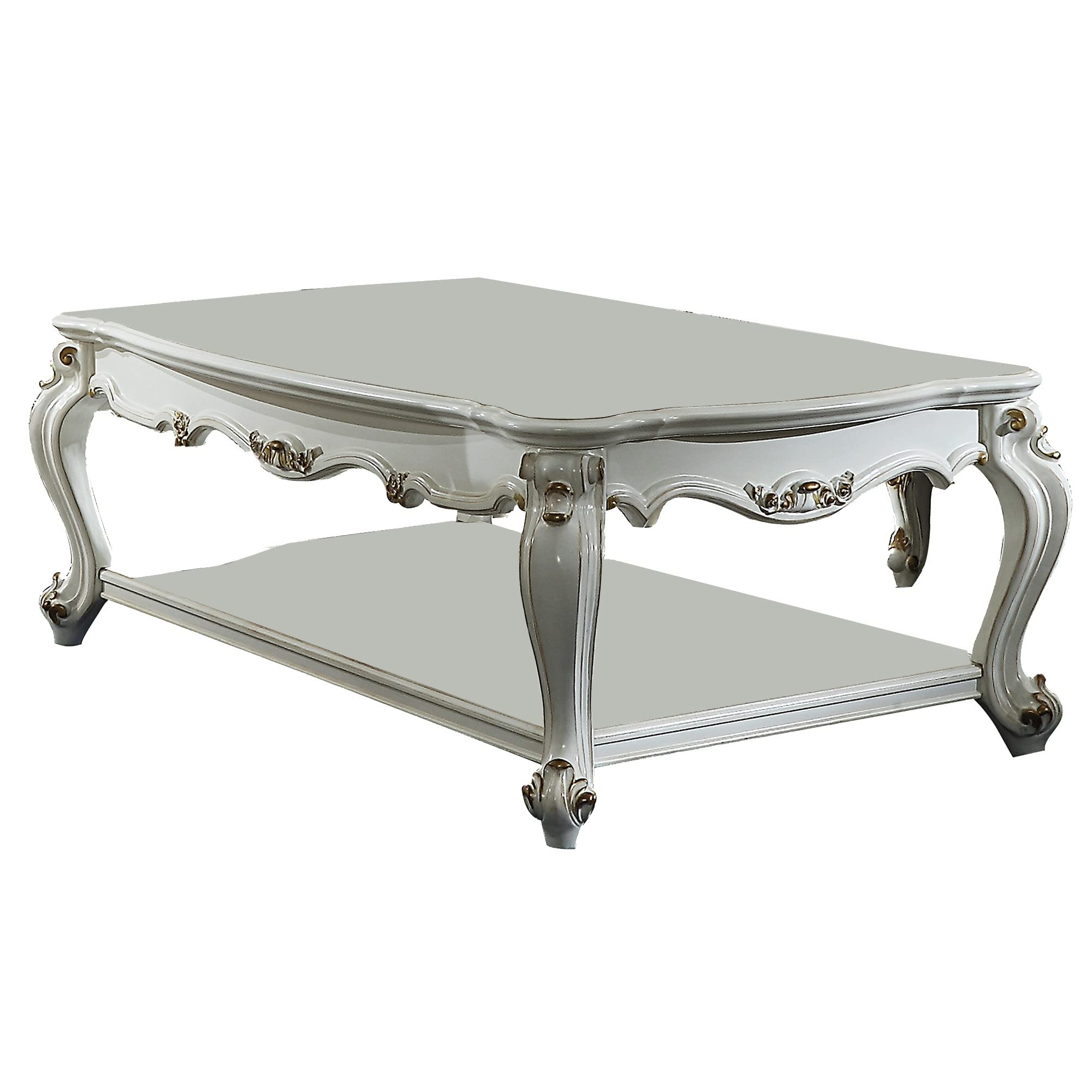 Traditional Style Wooden Coffee Table with Polyresin Carvings and Bottom Shelf, White