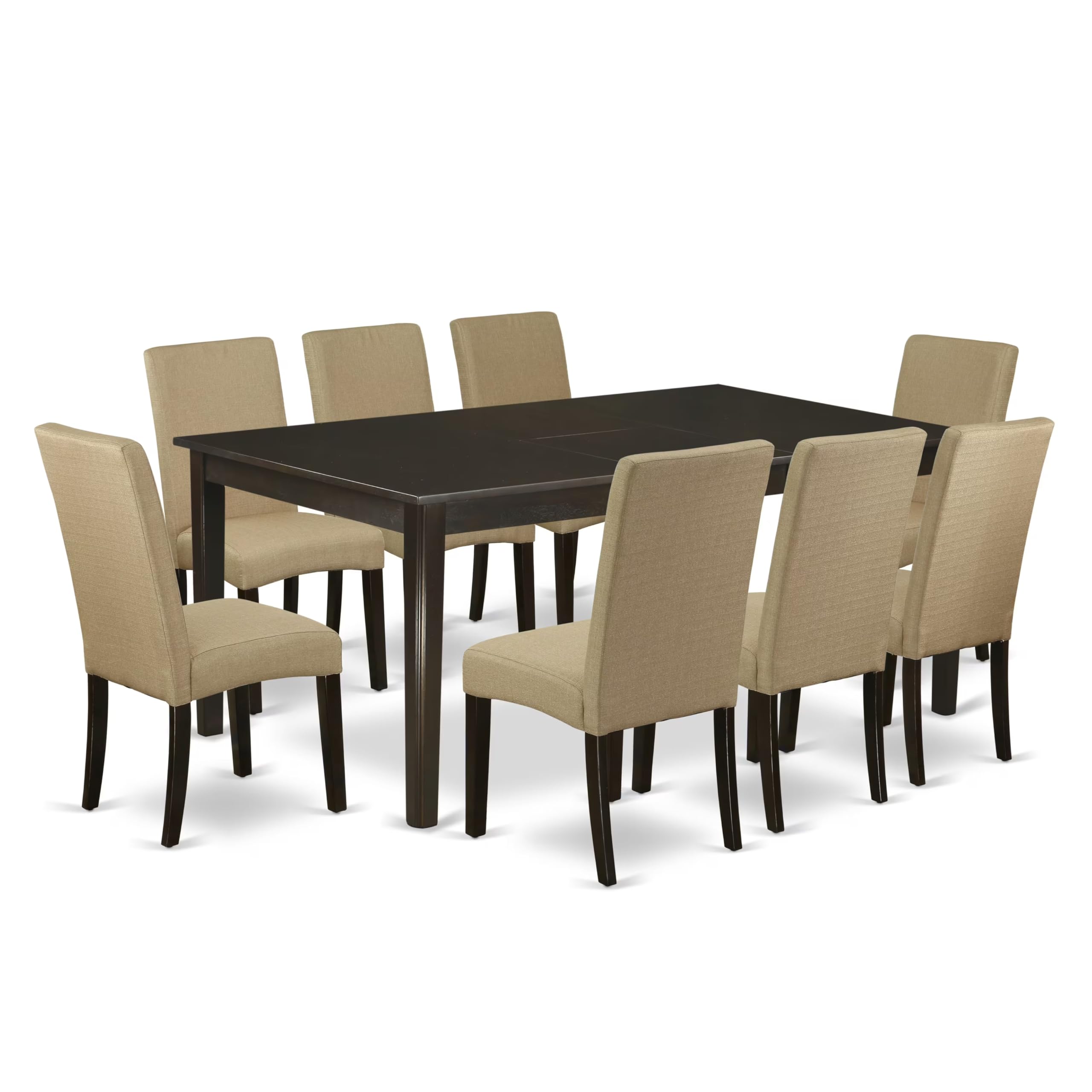 HEDR9-CAP-03 9 Pc Dining Room Set-Dining Table With Self Storing Butterfly Leaf Plus 8 Parson Chair With Cappuccino Finish Leg And Linen Fabric- Brown Color
