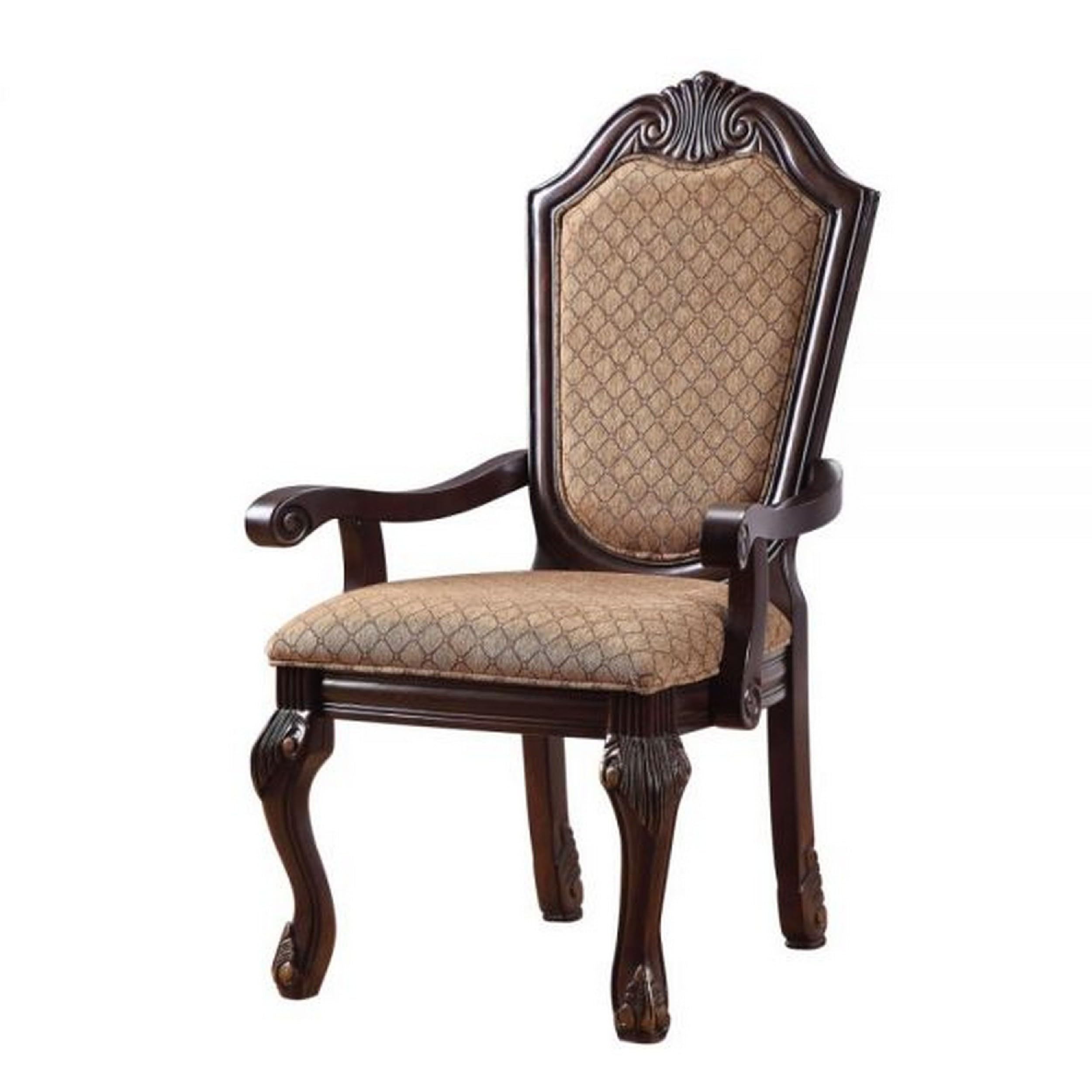 Loki 29 Inch Dining Armchair Set of 2, Beige Fabric, Crown Top Back, Brown