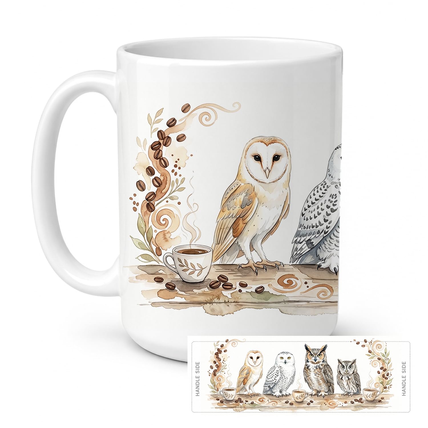 Carolines Treasures Owls Morning Coffee Ceramic Coffee Mug 15 oz Decorative Large C Handle Mug Cup for Tea, Cocoa Hot Chocolate