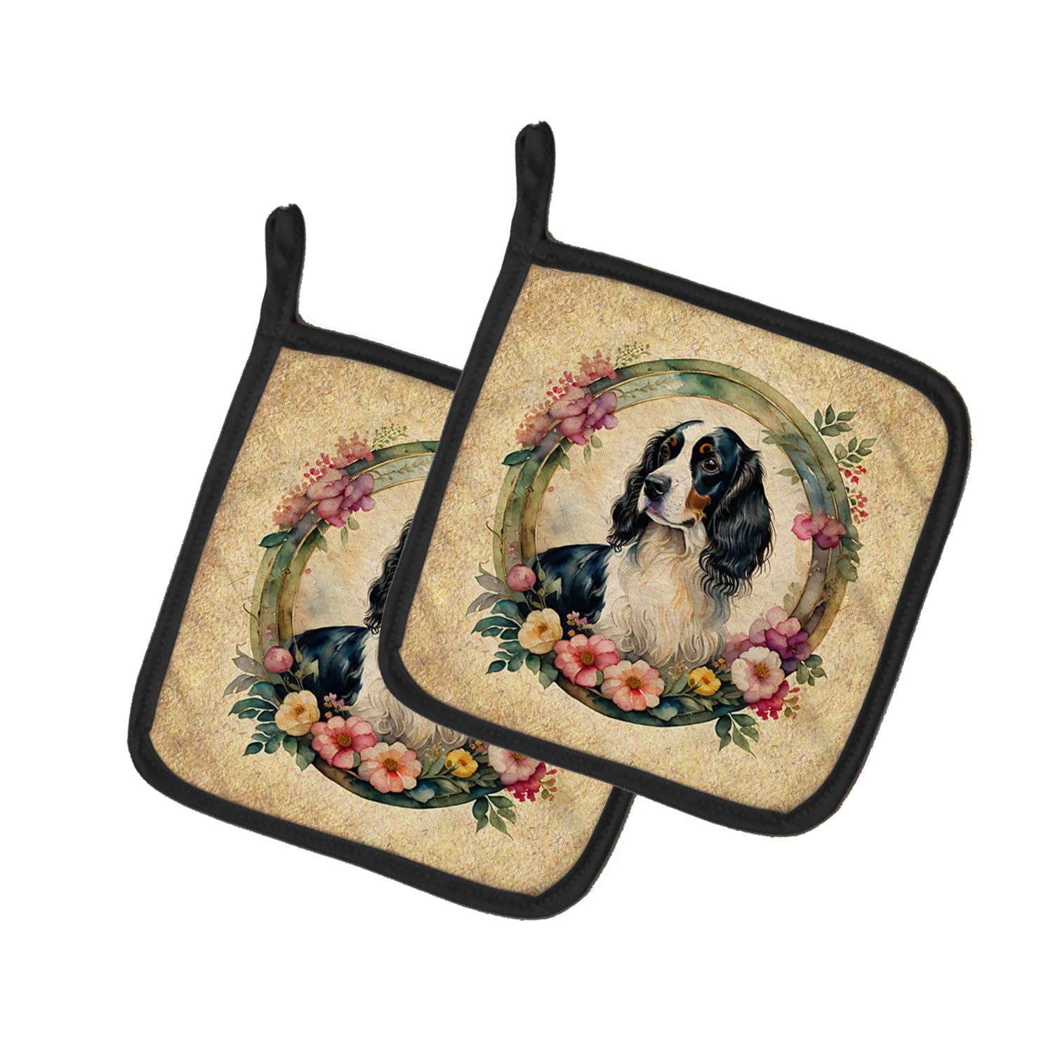 English Springer Spaniel and Flowers Pair of Pot Holders