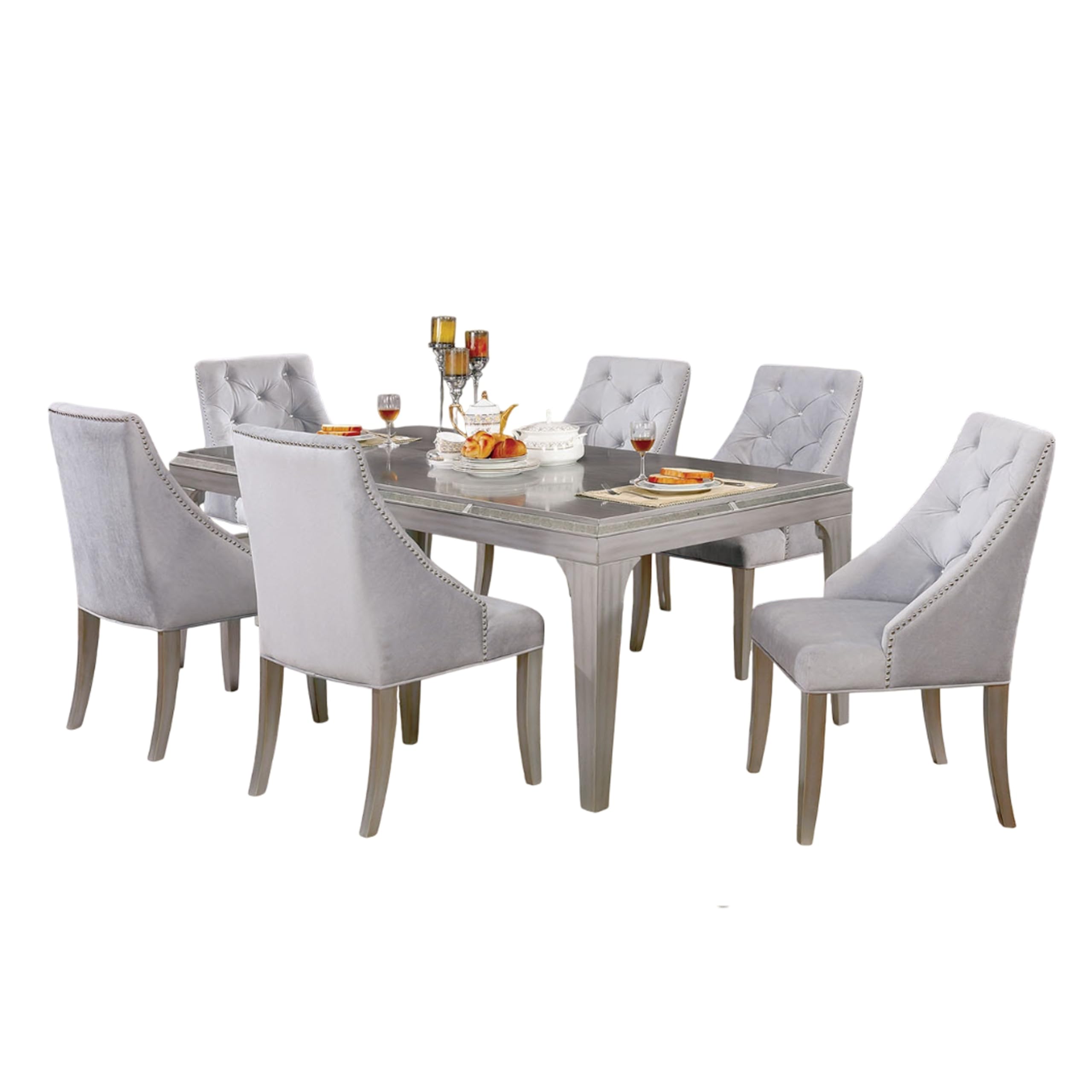 Jamie 7pc Dining Table Set, 6 Button Tufted Fabric Chairs, Silver-Gray
