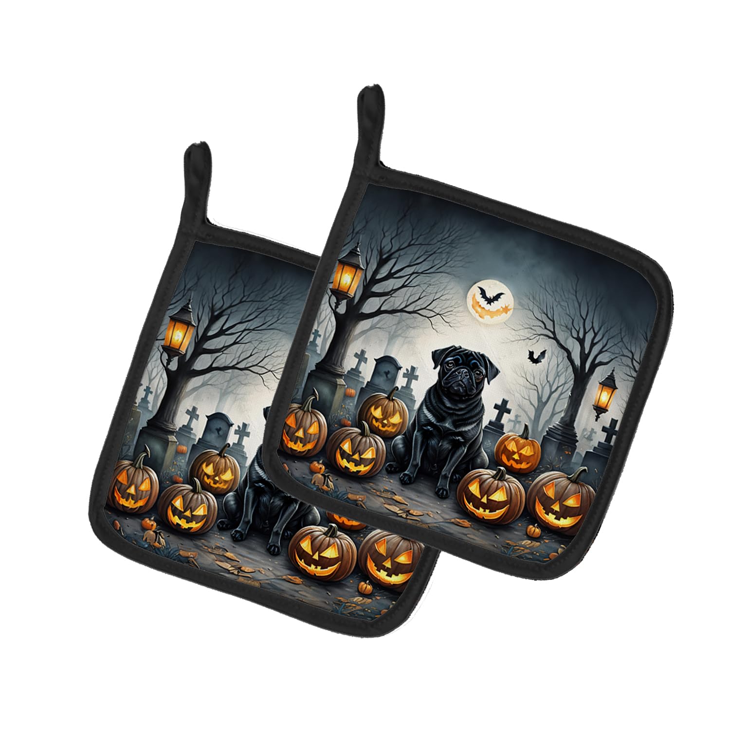 Black Pug Spooky Halloween Pair of Pot Holders