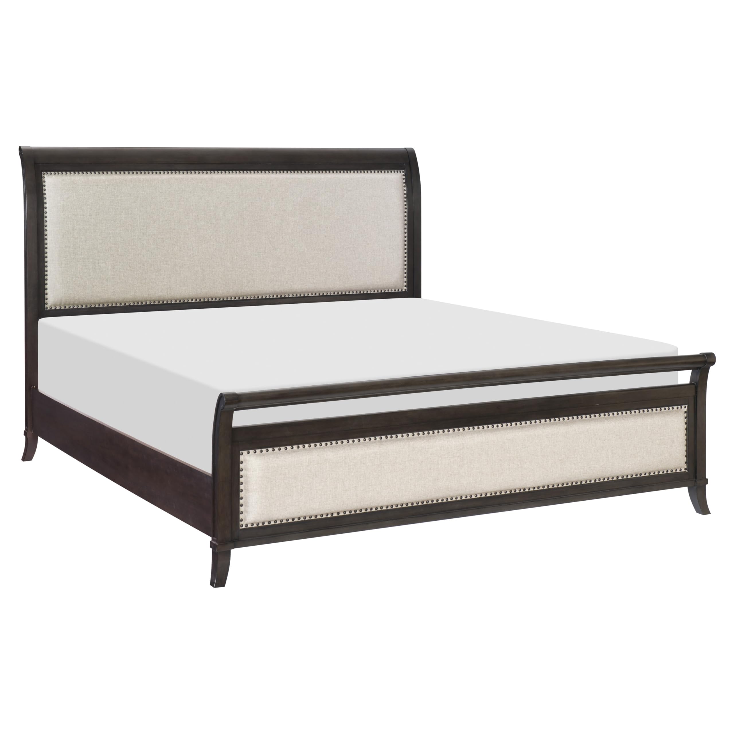 Bron Queen Bed with Sleigh Headboard Design, Beige Upholstery, Solid Wood