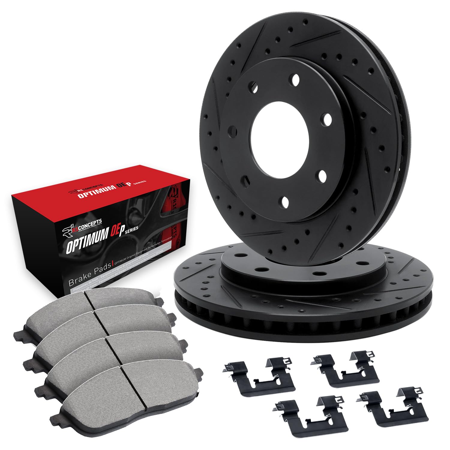 R1 Concepts Drilled and Slotted Black Disc Brake Rotor Set with Optimum Oe Pads and Hardware WHUH1-54162