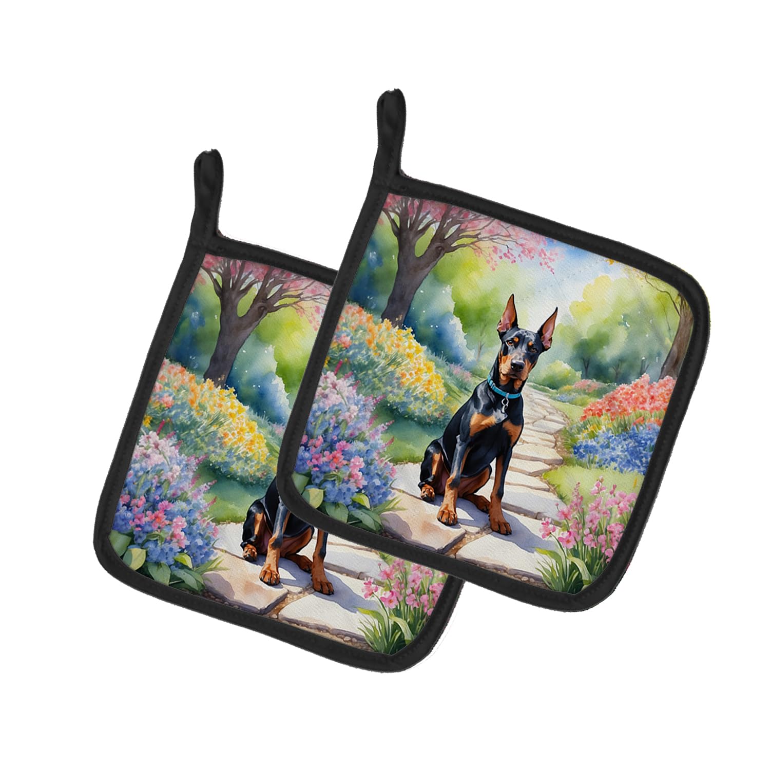 Doberman Pinscher Spring Path Pair of Pot Holders