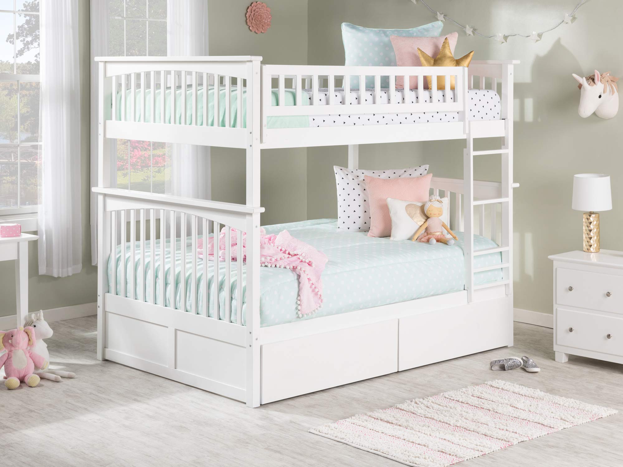 Columbia Full over Full Solid Wood Ladder Bunk Bed with 2 Storage Drawers in White