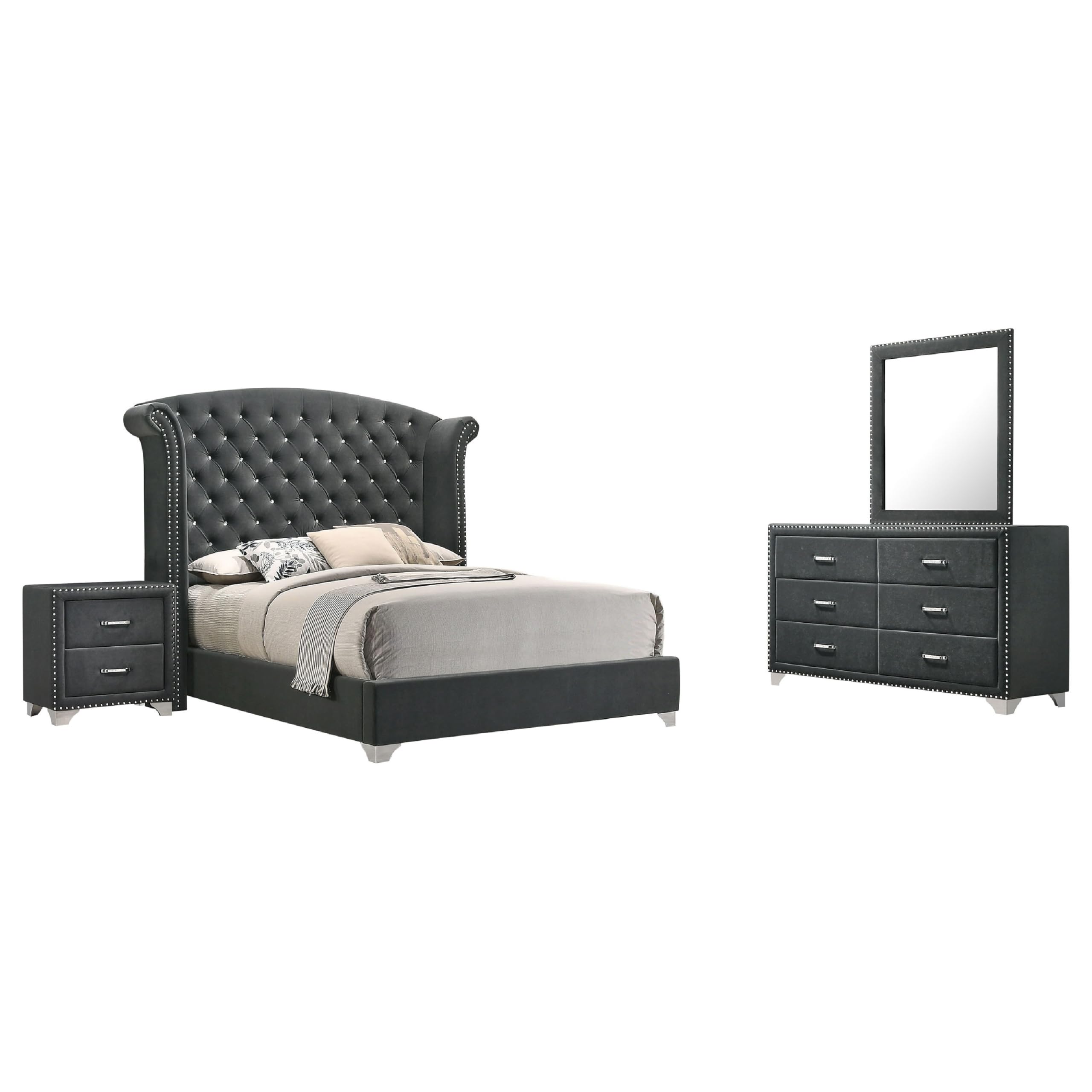 Giya 4pc King Bedroom Set, Classic Tufted Dark Gray Velvet Upholstery