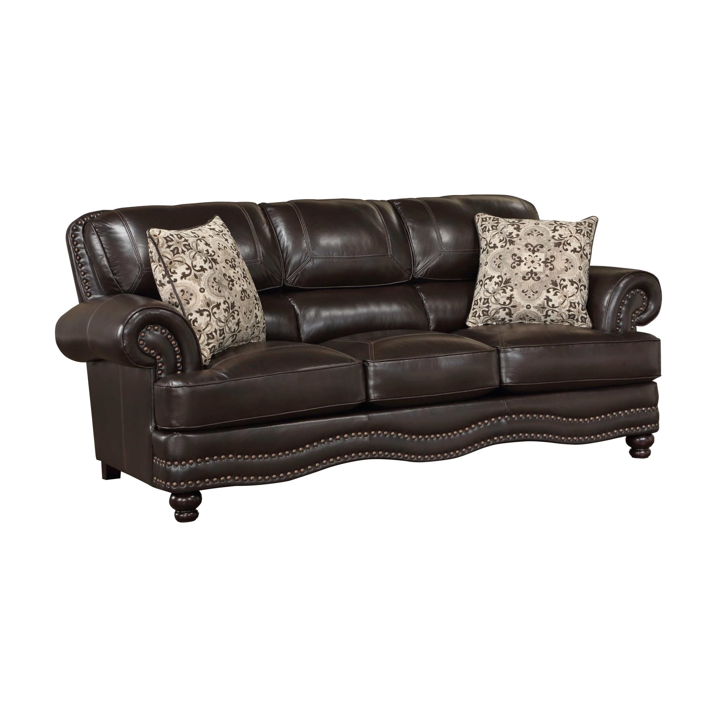 Rhea 88 Inch Accent Sofa, Brown Vegan Faux Leather, Nailhead Trim Accent