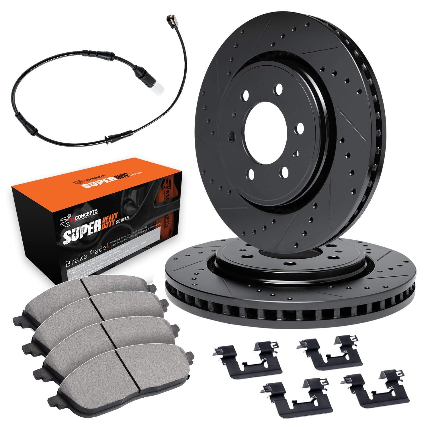 R1 Concepts Drilled and Slotted Black Disc Brake Rotor Set with Super Duty Pads, Sensor, and Hardware WHXS1-63198