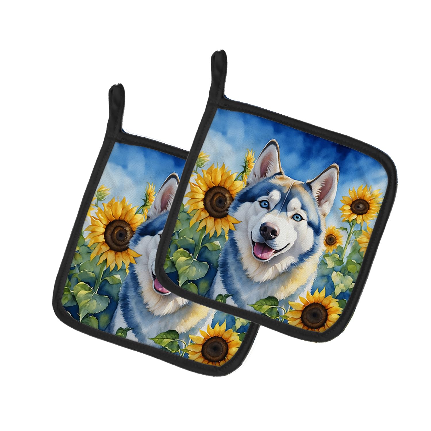 Siberian Husky in Sunflowers Pair of Pot Holders