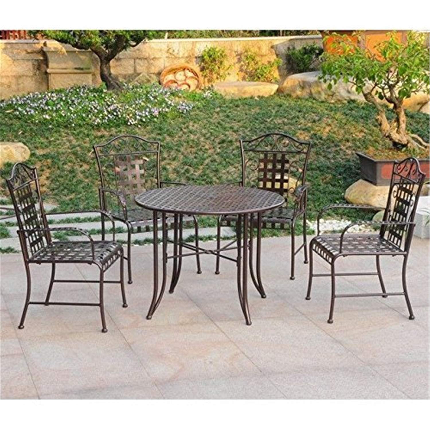 Mandalay Wrought Iron Round Dining Set (Set of 5) - Hammered Bronze