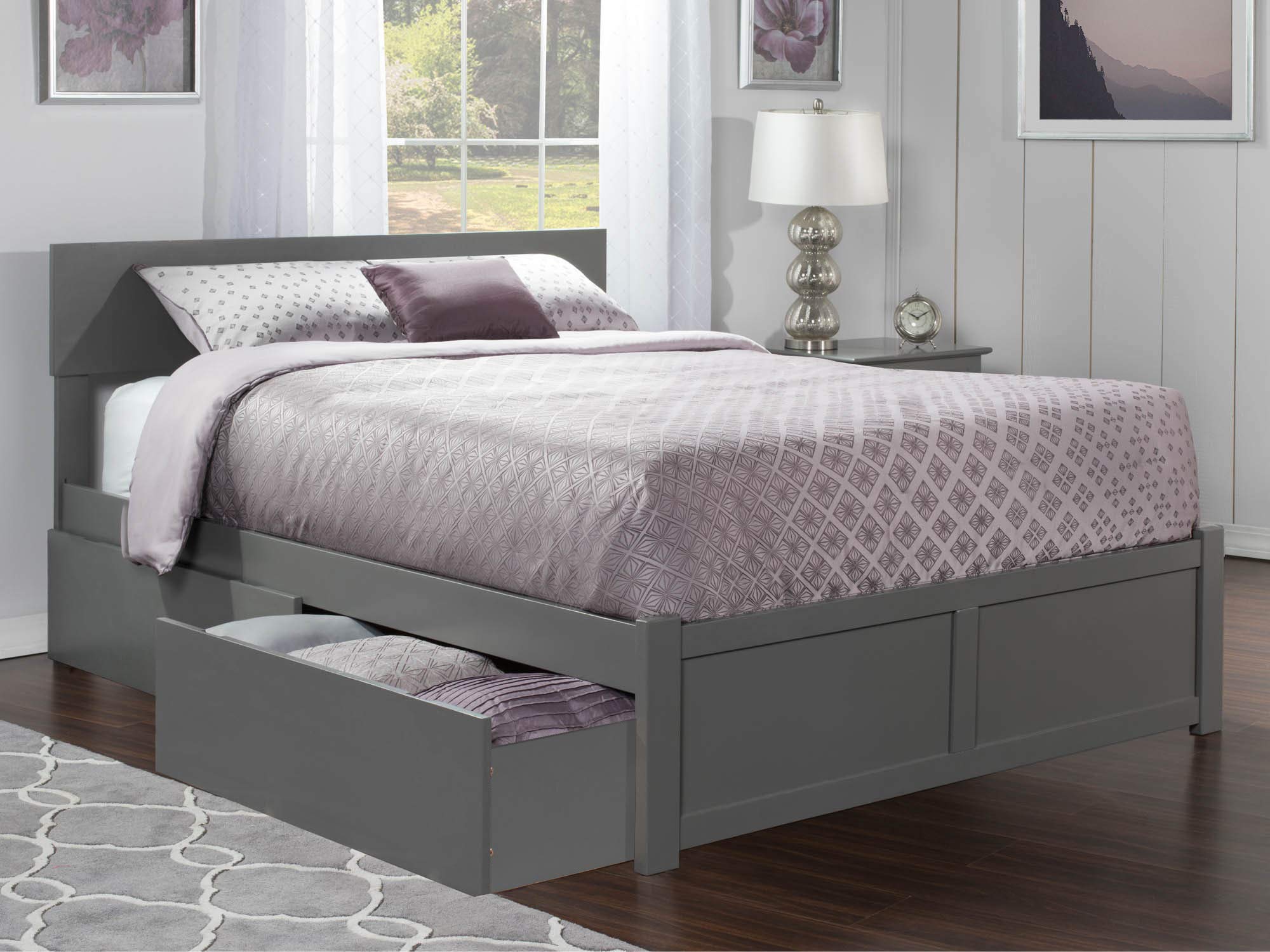 Orlando Queen Platform Bed with Footboard & Storage in Grey