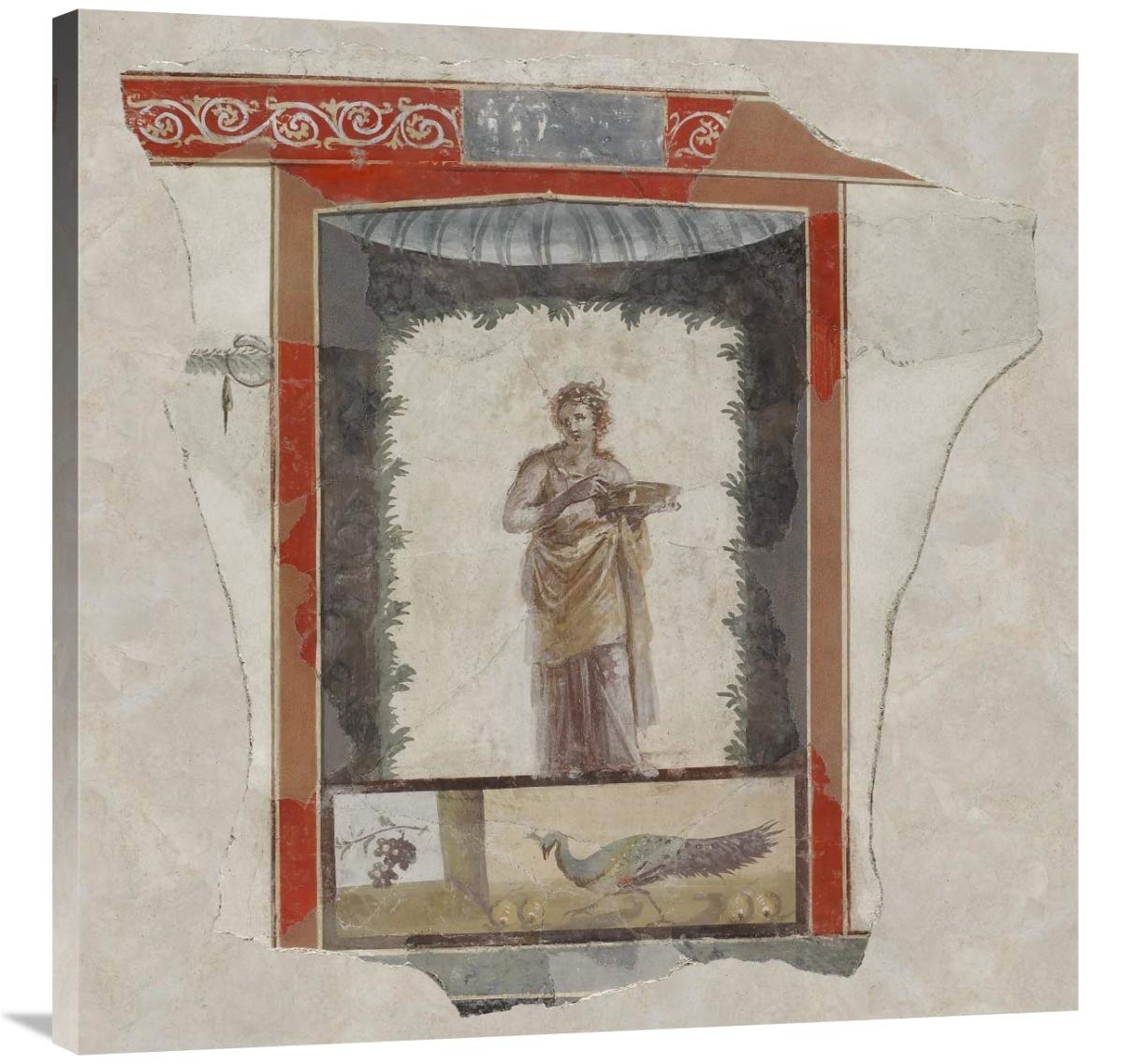 Fresco Depicting a Woman (Maenad) Holding a Dish, Peacock and Fruit Below-Canvas Art-36x36”