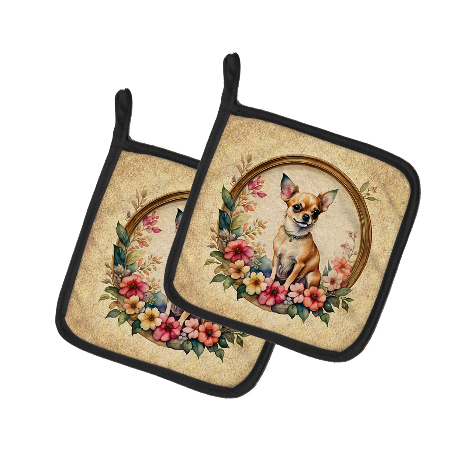 Chihuahua and Flowers Pair of Pot Holders
