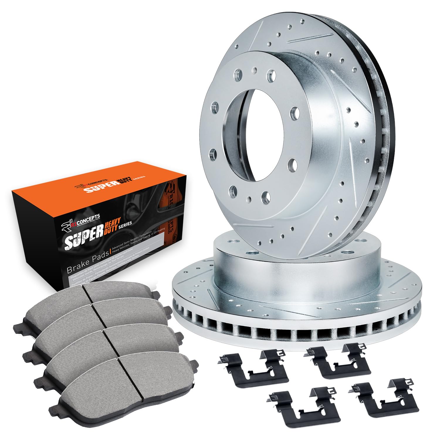 R1 Concepts Drilled and Slotted Silver Disc Brake Rotor Set with Super Duty Pads and Hardware WGXH1-99089