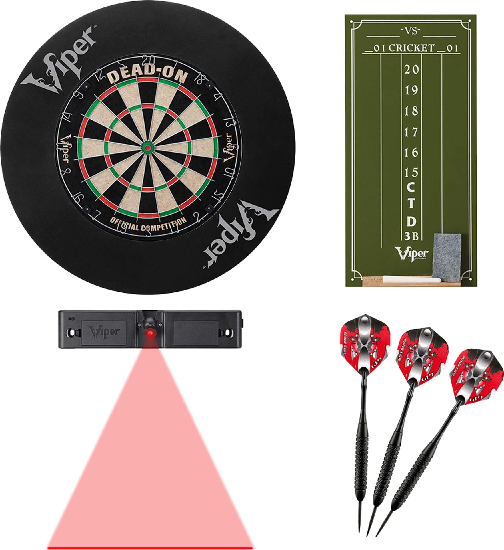 Viper Dead-On Bristle Dartboard, Viper Small Cricket Chalk Scoreboard, Viper Black Mariah Steel Tip Darts 22 Grams, Throw Line Light, and Viper Wall Defender