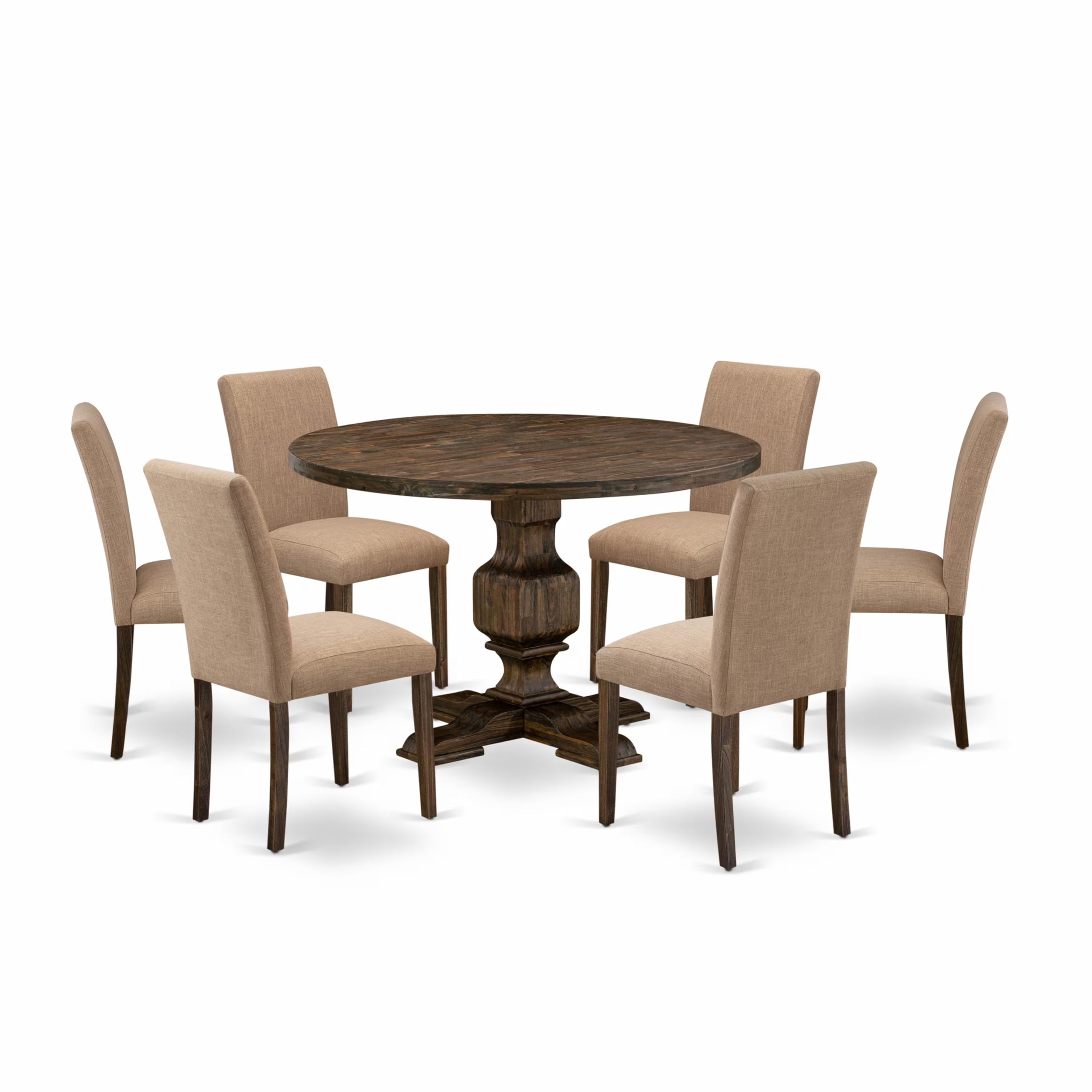 East West Furniture 7 Piece Table Set Includes a Dining Room Table and 6 Light Sable Linen Fabric Mid Century Modern Chairs with High Back - Distressed Jacobean Finish