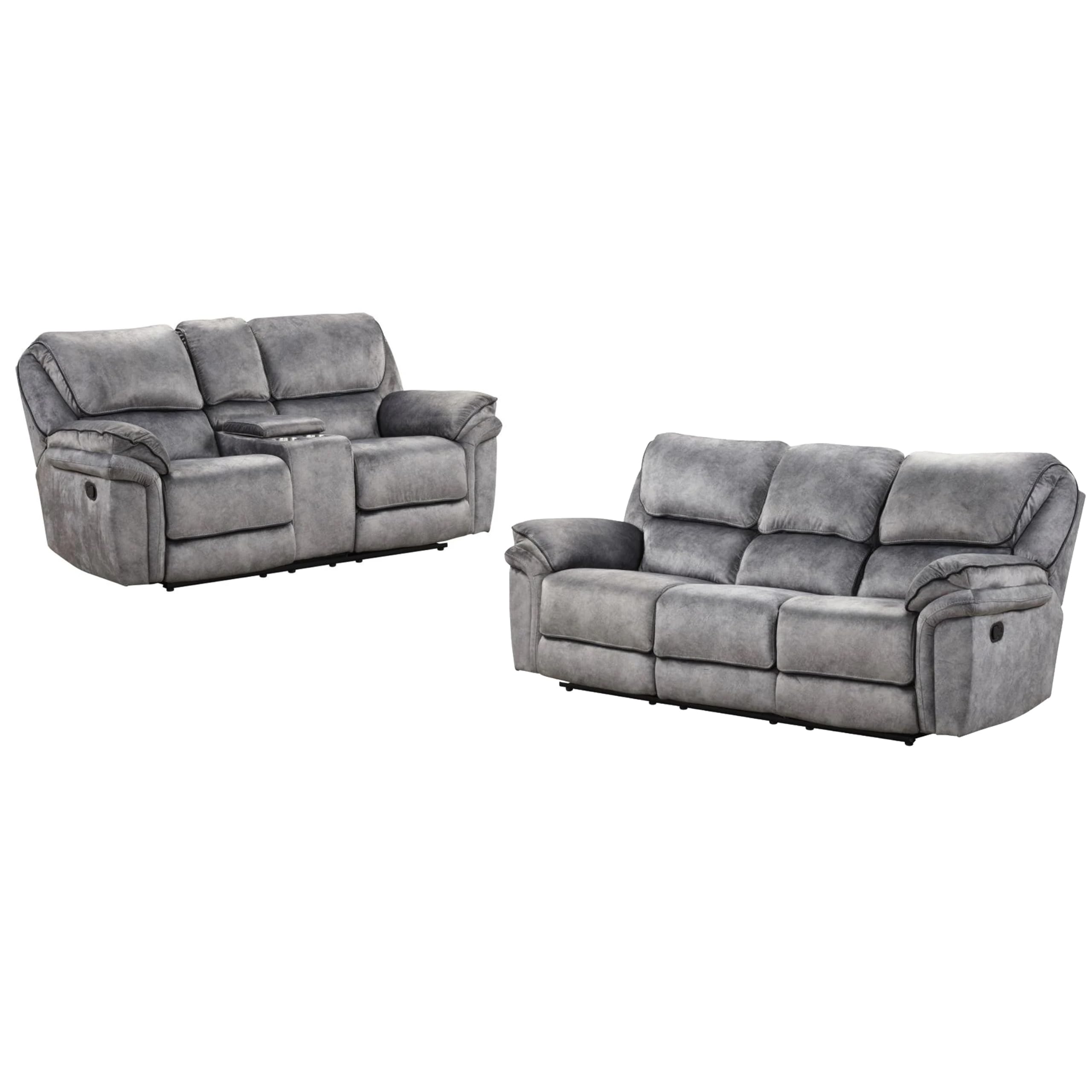 Arisa Sofa and Loveseat Manual Recliner Set, Gray Faux Leather, Drop Table