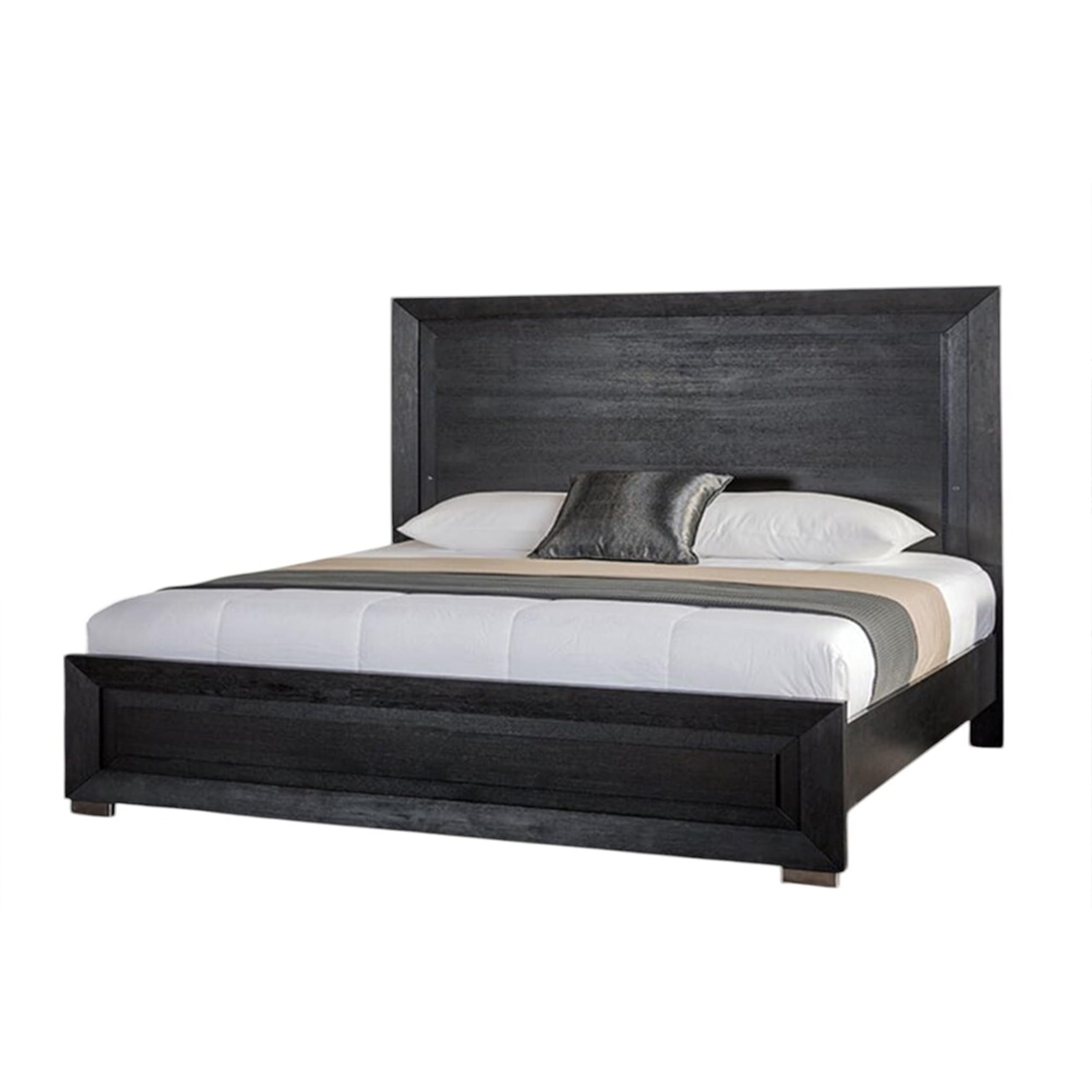 Ashen King Bed, LED Headboard, Chrome Metal Legs, Rustic Black Wood