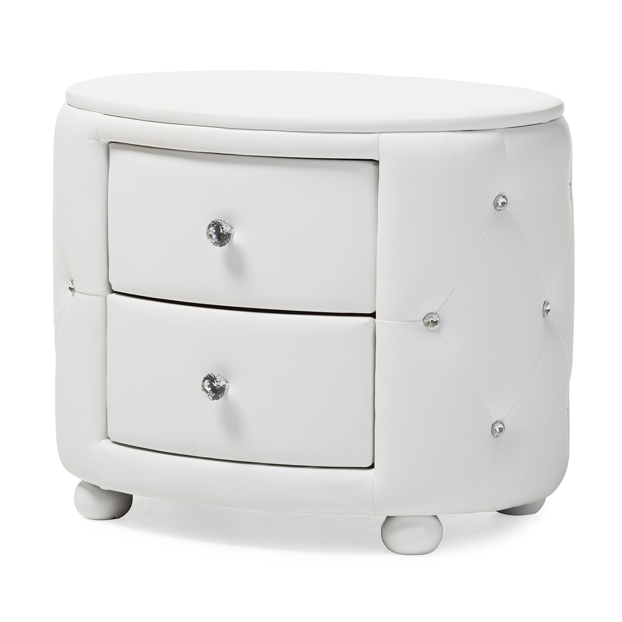 Baxton Studio Davina Hollywood Glamour Style Oval 2-Drawer Faux Leather Upholstered Nightstand, Medium, White