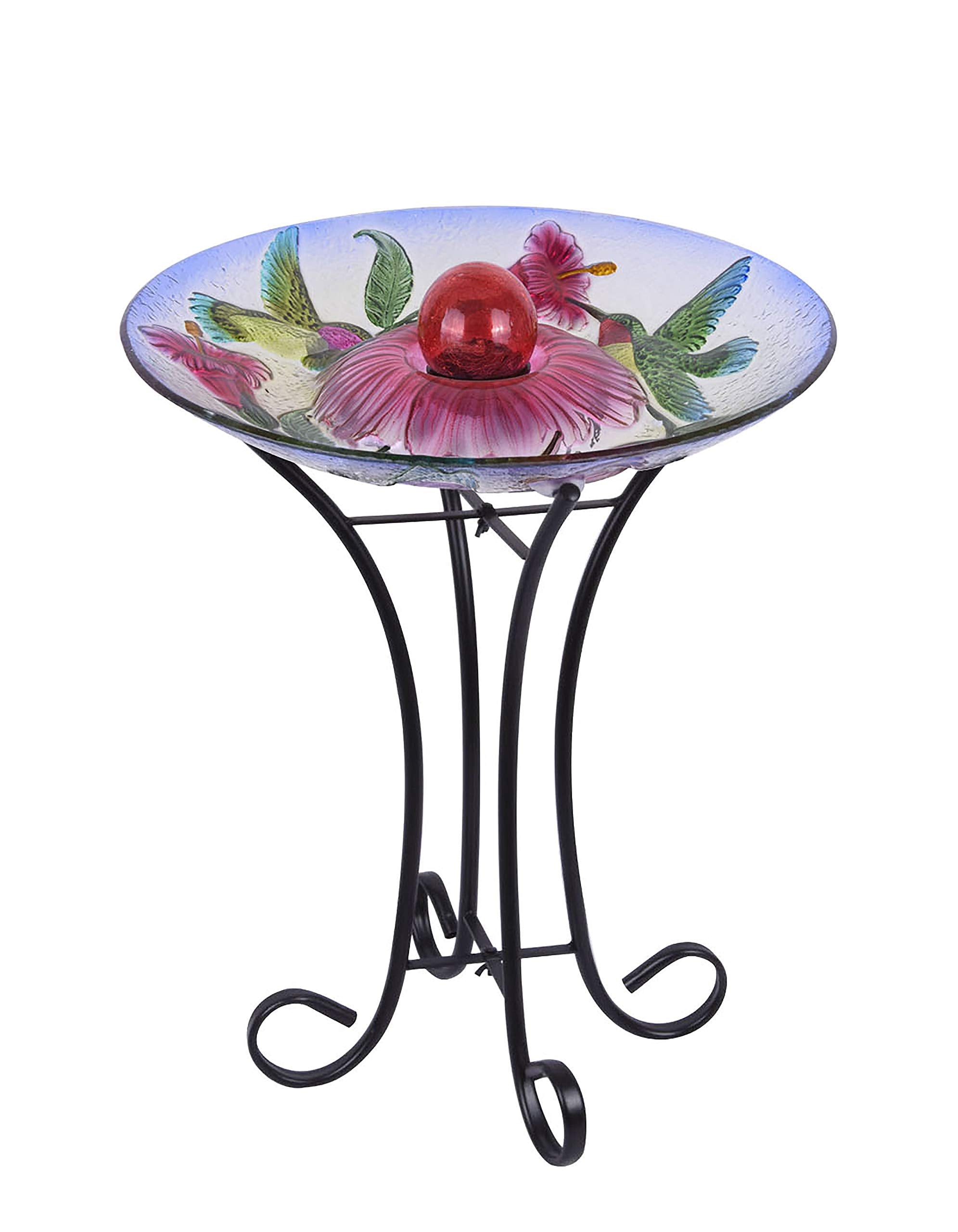 Hi-Line Gift Ltd 78415-G Solar Orb Floral Glass Hummingbird Bird Bath with Stand