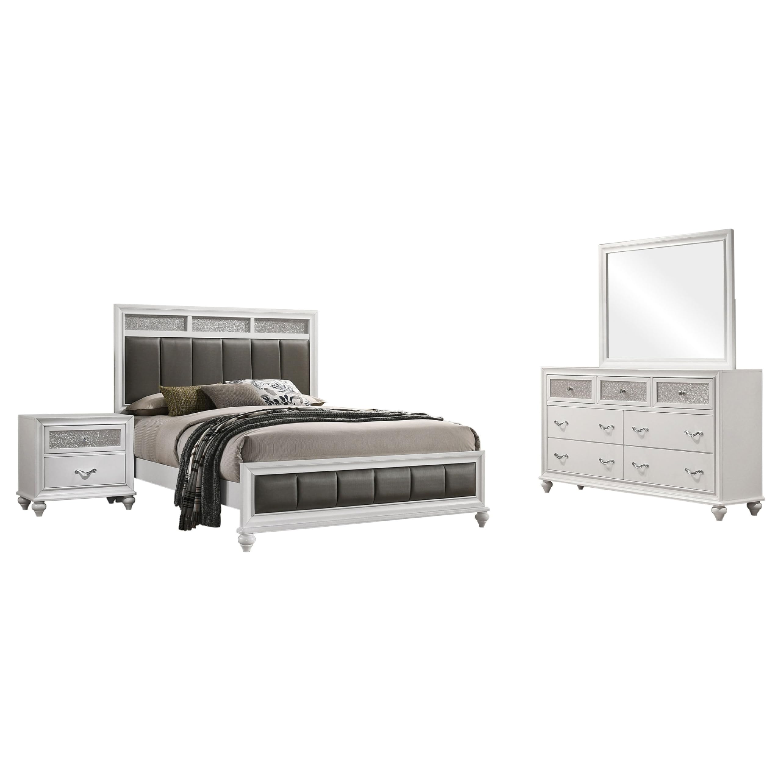 Dini 4pc Queen Bedroom Set, Gray Faux Leather Grid Upholstery, White