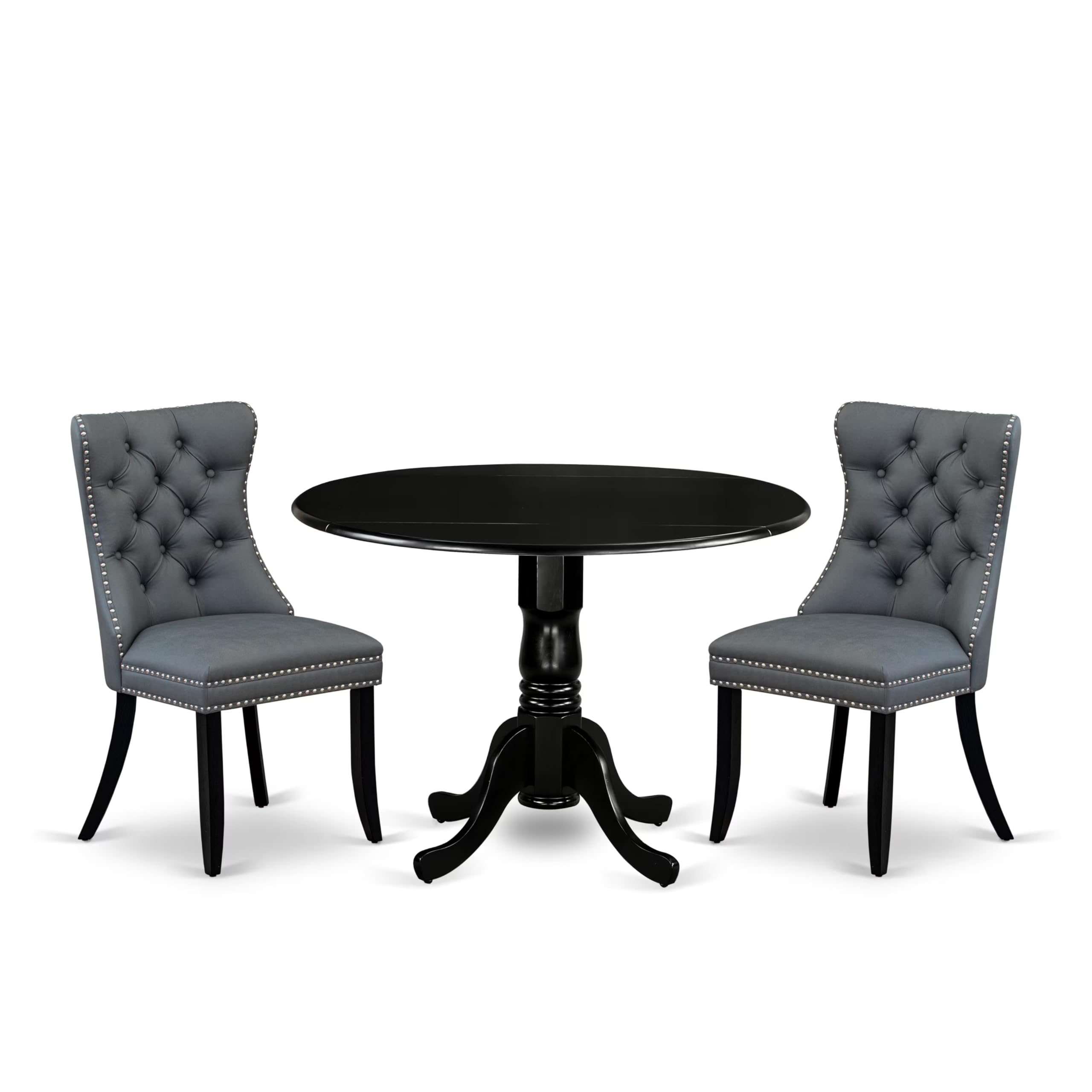 East West Furniture DLDA3-BLK-13 3 Piece Dining Table Set Consists of a Round Kitchen Table with Dropleaf and 2 Upholstered Parson Chairs, 42x42 Inch, Black