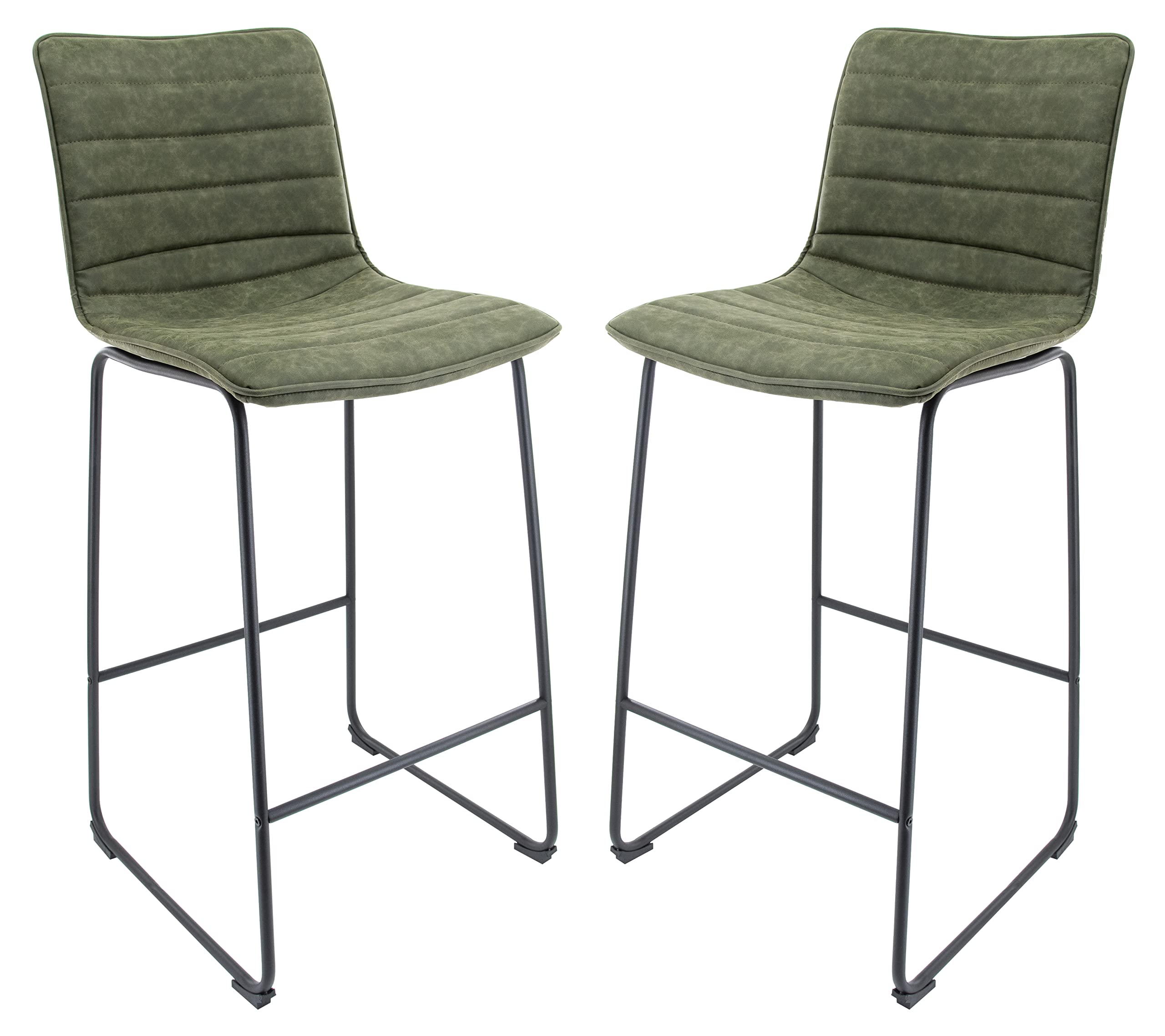Leisuremod Brooklyn 29.9 Modern Leather Bar Stool Kitchen Island Stools With Black Iron Base & Footrest Set Of 2 (Olive Green)