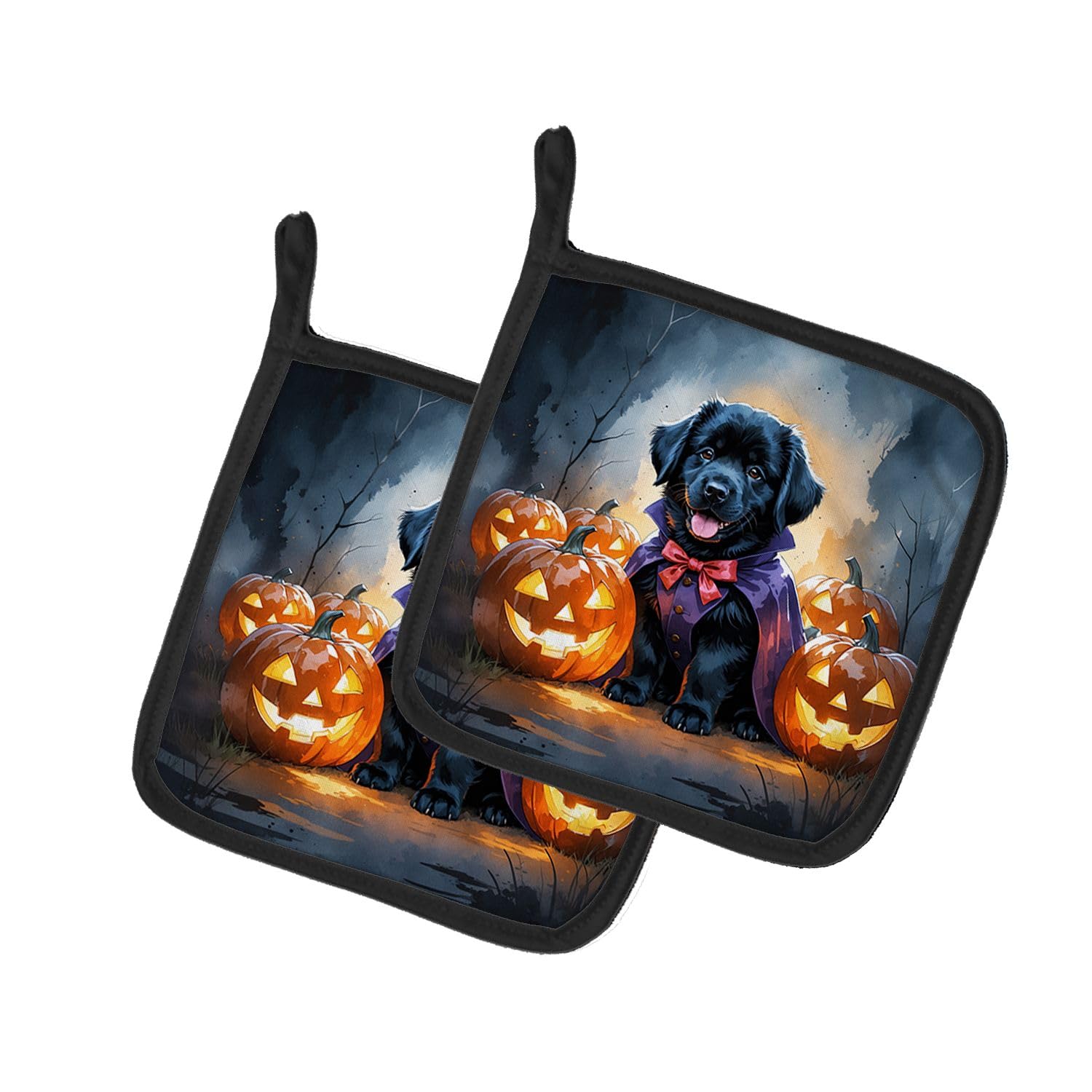 Carolines Treasures Black Newfoundland Puppy Halloween Pair of Pot Holders Kitchen Heat Resistant Pot Holders Sets Oven Hot Pads for Cooking Baking BBQ, 7 1/2 x 7 1/2