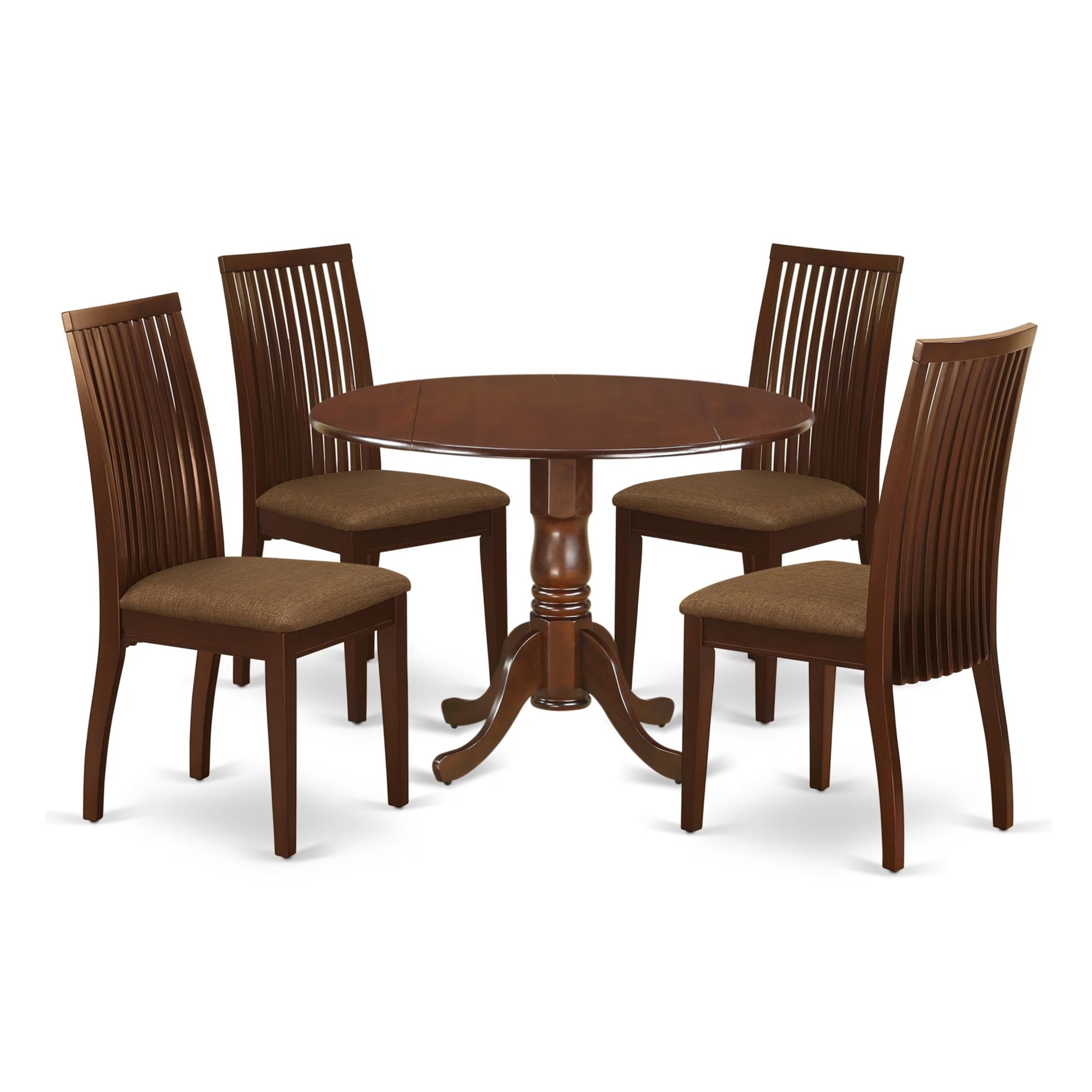 East West Furniture DLIP5-MAH-C 5 Piece Modern Set Includes a Round Wooden Table with Dropleaf and 4 Linen Fabric Dining Room Chairs, 42x42 Inch, Mahogany