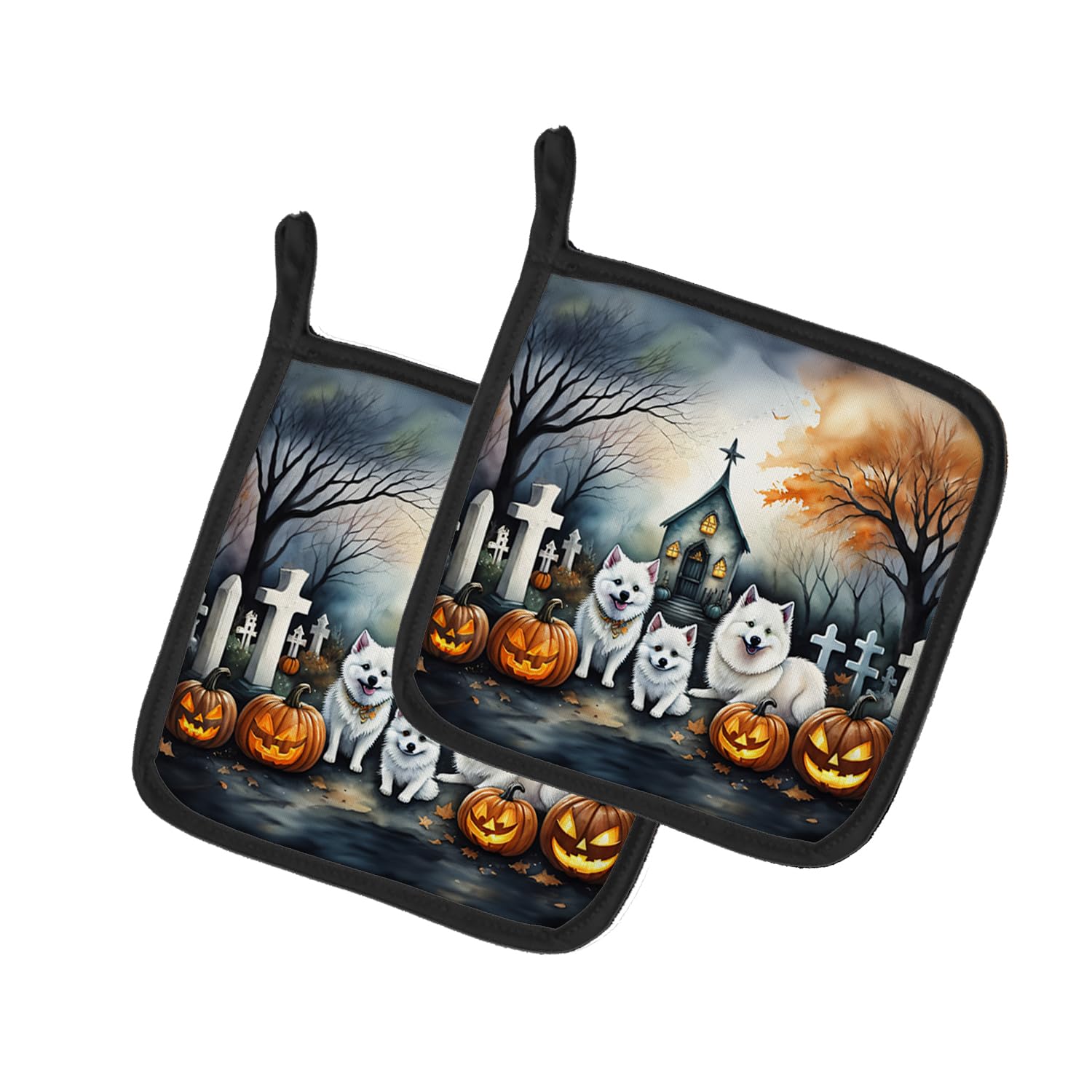 American Eskimo Spooky Halloween Pair of Pot Holders