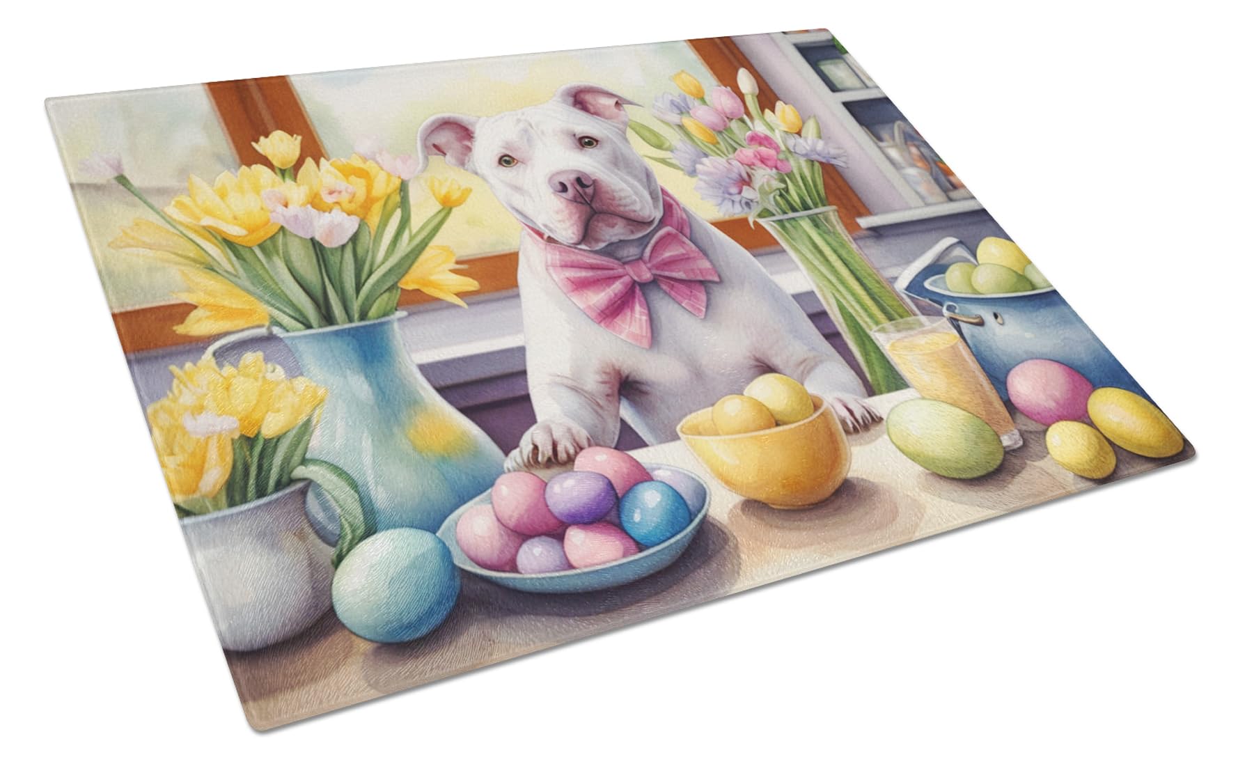 Carolines Treasures DAC6870LCB Decorating Easter Pit Bull Terrier Glass Cutting Board Decorative Tempered Glass Kitchen Cutting and Serving Board Large Size Chopping Board