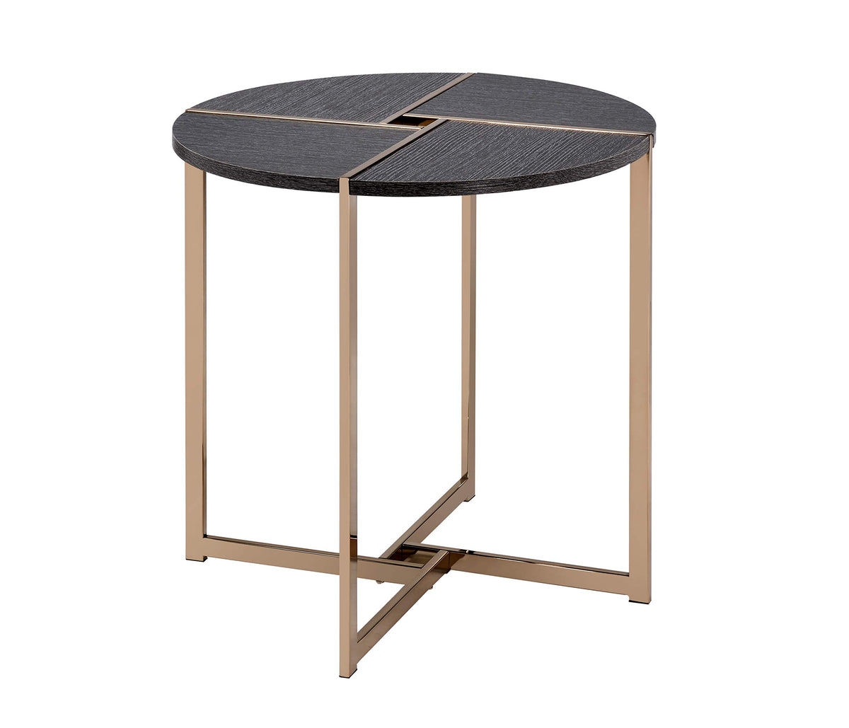 Benjara End Table With X Shaped Metal Base And Round Wooden Top, Gold And Gray