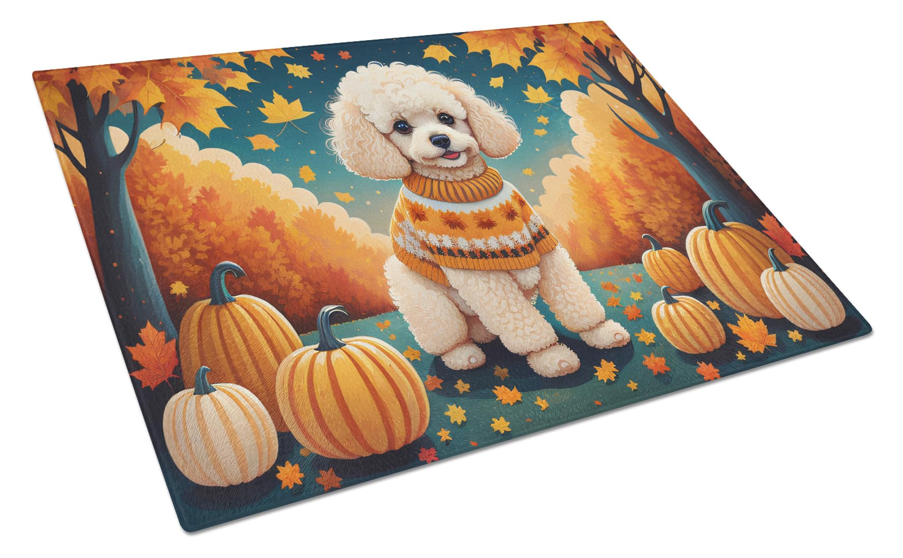 Carolines Treasures DAC1063LCB Poodle Fall Glass Cutting Board Large Decorative Tempered Glass Kitchen Cutting and Serving Board Large Size Chopping Board