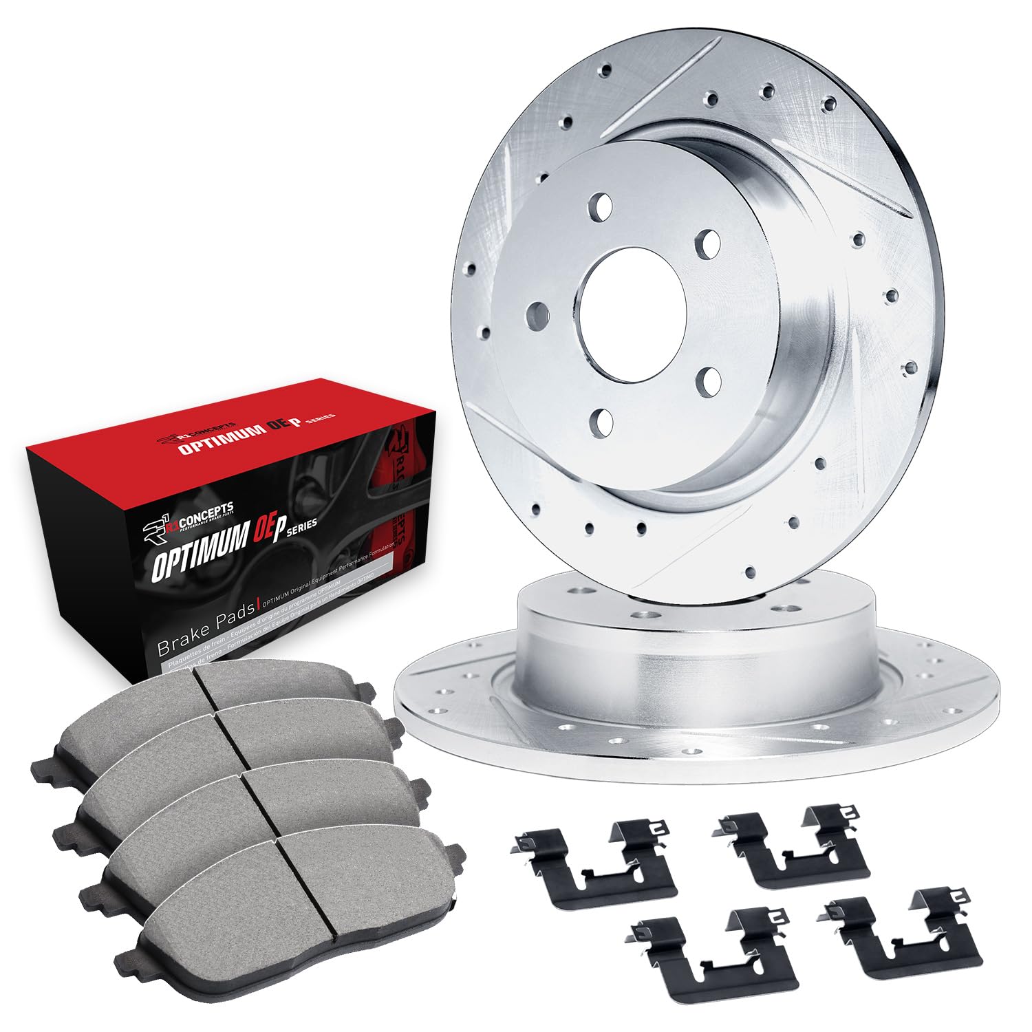 R1 Concepts Drilled and Slotted Silver Disc Brake Rotor Set with Optimum Oe Pads and Hardware WGUH1-72078