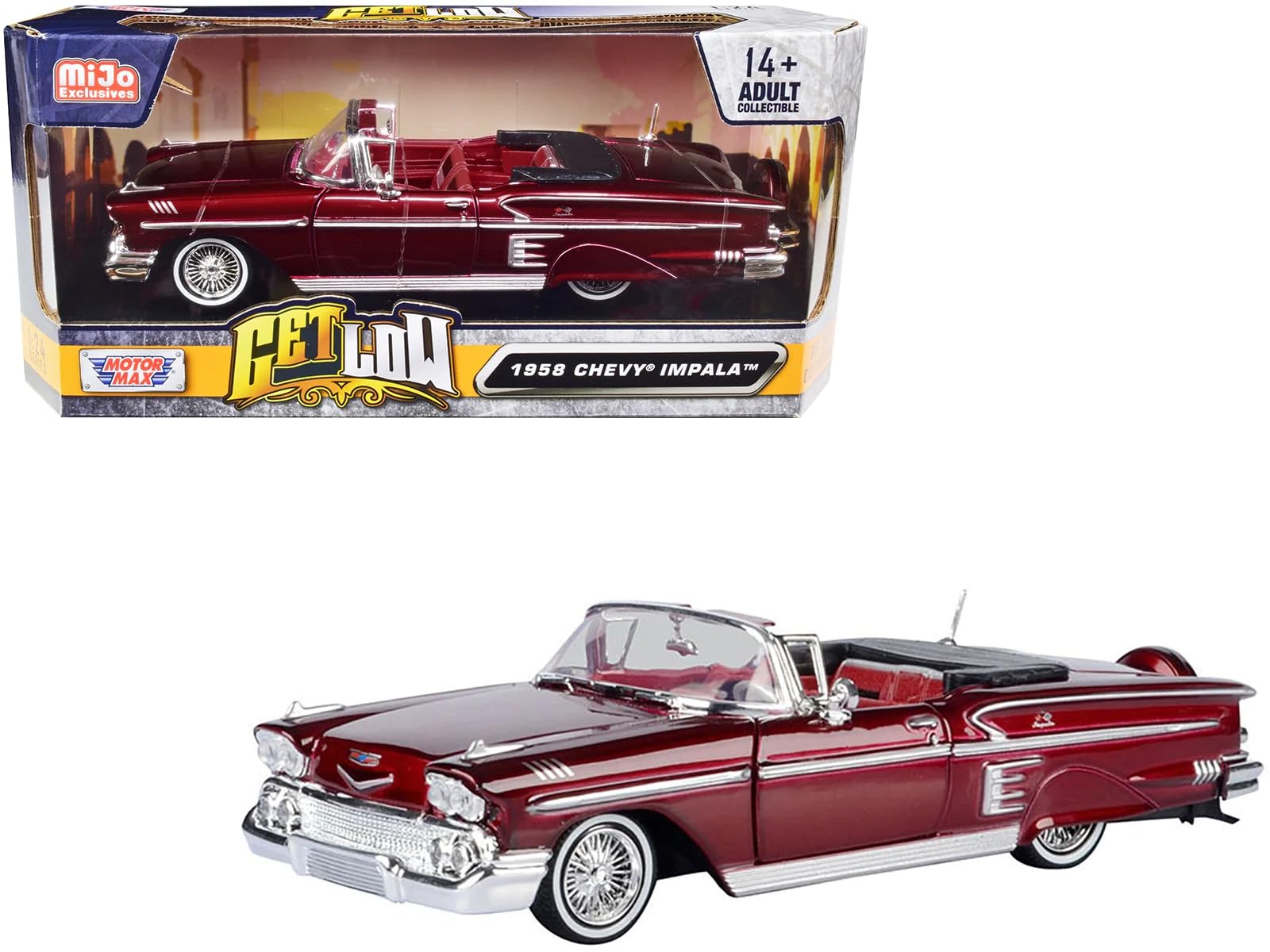 1958 Chevy Impala Convertible Lowrider Black And White With Red Interior Get Low Series 1/24 Diecast Model Car By Motormax 79025